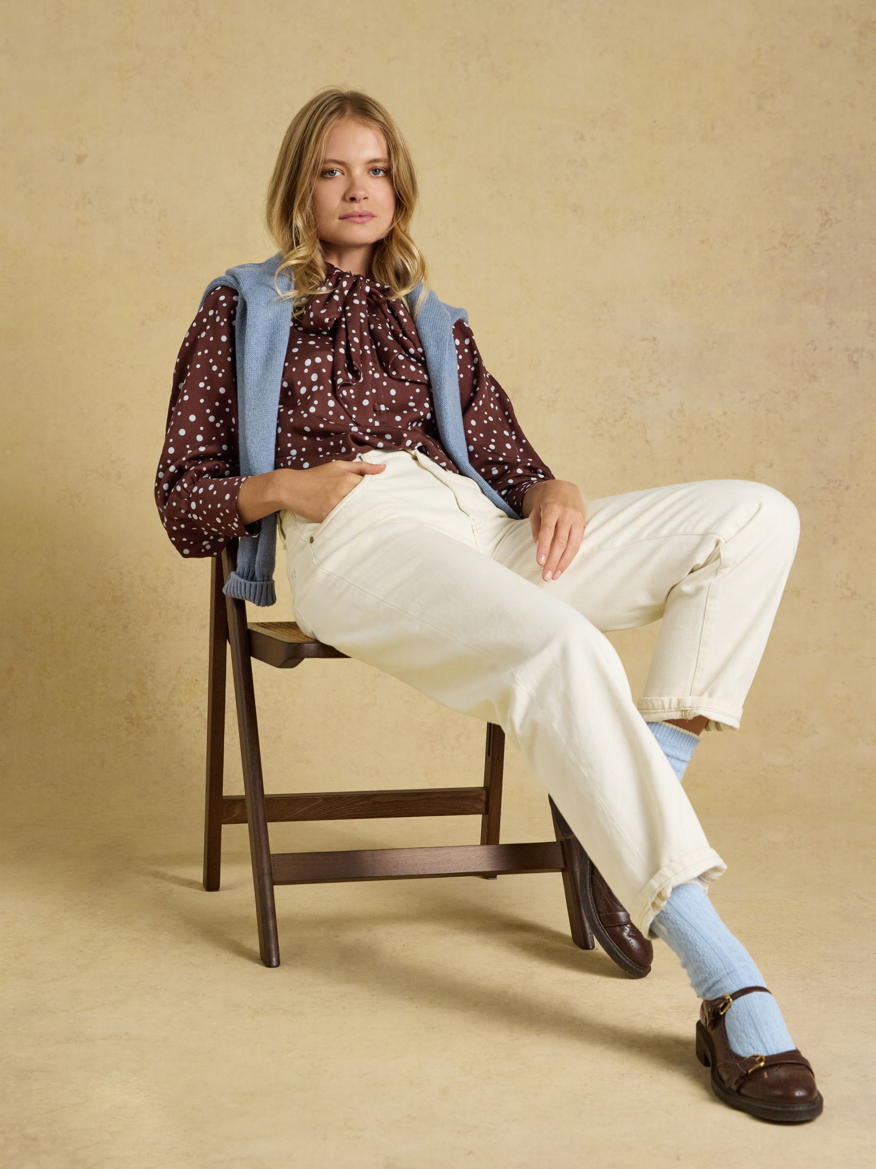 Tabby Blue/Brown Spot Tie Neck Blouse - Image 5 of 10