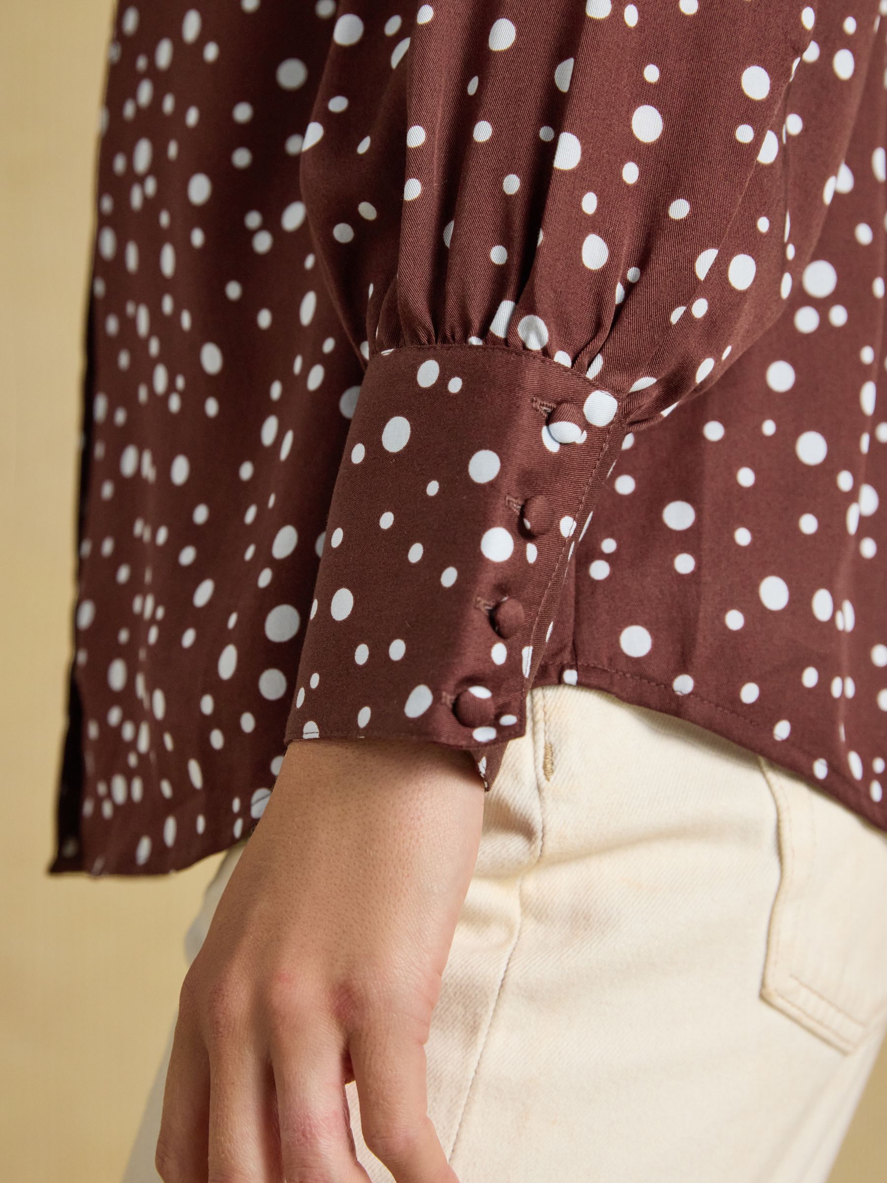 Tabby Blue/Brown Spot Tie Neck Blouse - Image 6 of 10