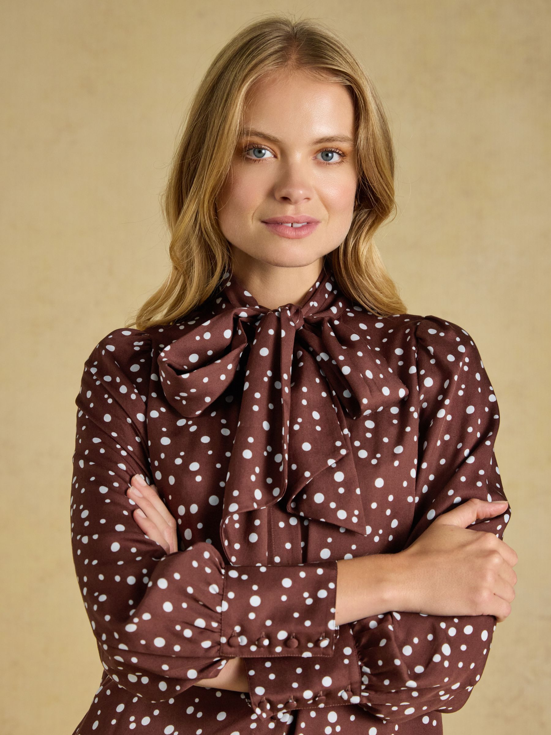 Tabby Blue/Brown Spot Tie Neck Blouse - Image 7 of 10