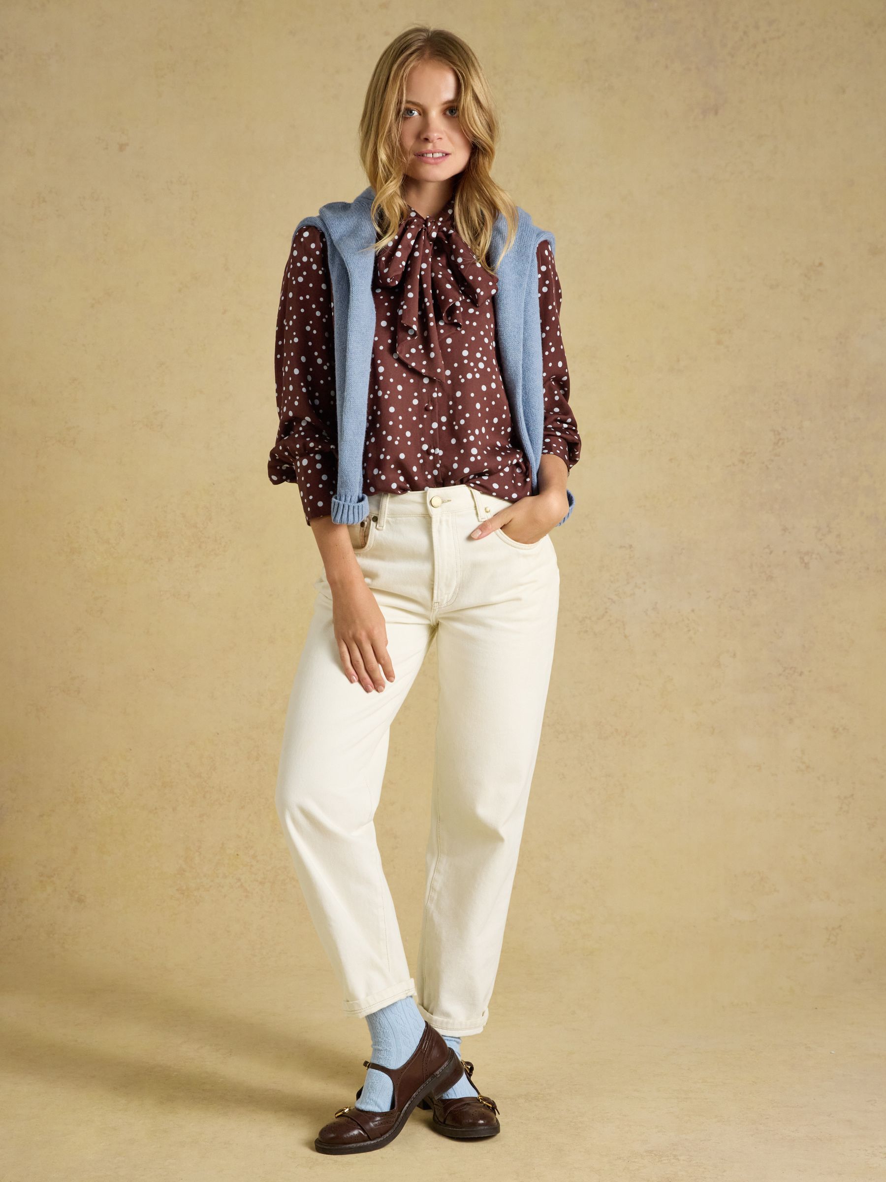 Tabby Blue/Brown Spot Tie Neck Blouse - Image 8 of 10