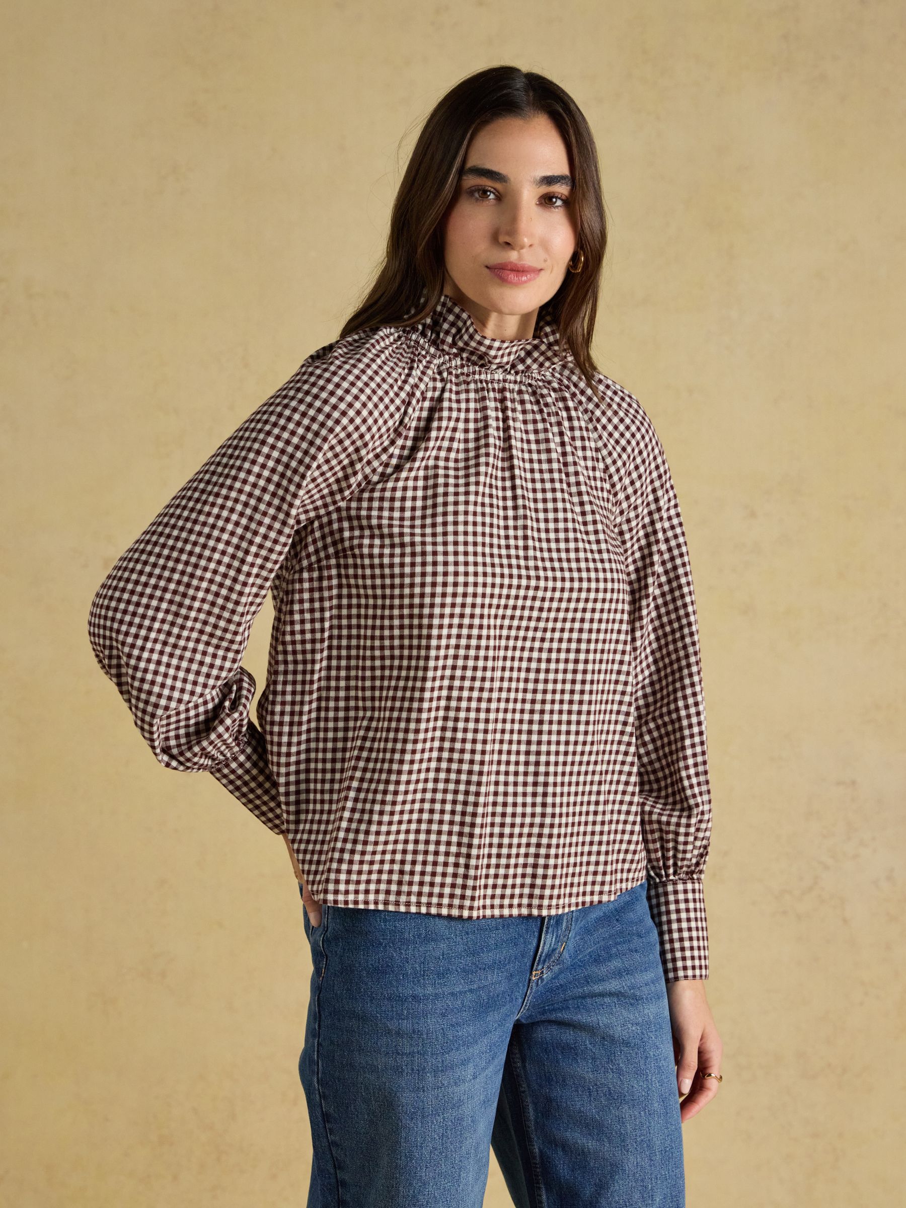 Amber Brown Gingham Tie Blouse - Image 1 of 1 Amber Brown Gingham Tie Blouse - Image 1 of 1