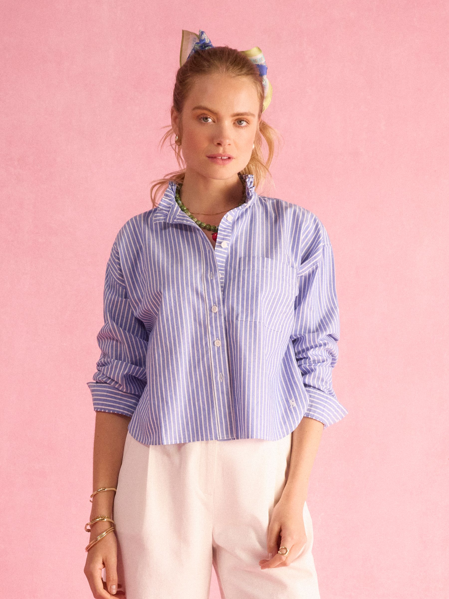 Blue & White Striped Cropped Oxford Shirt - Image 1 of 10