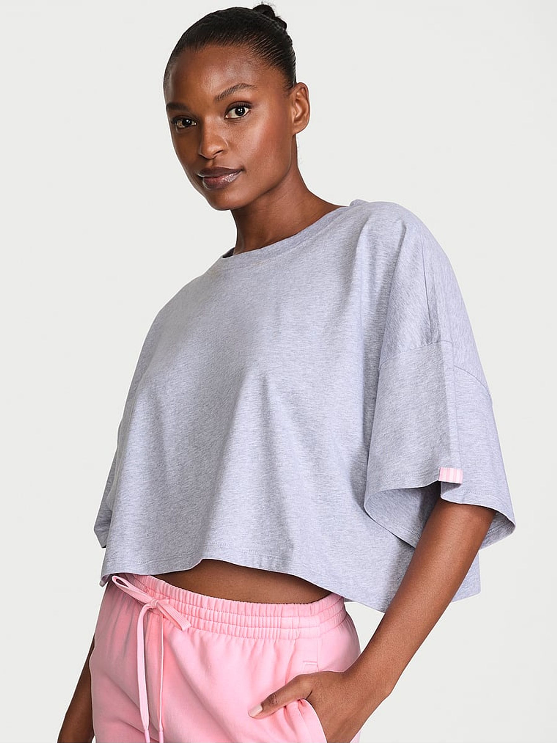 Medium Heather Grey Logo Cotton Oversized Cropped Top - Image 1 of 2