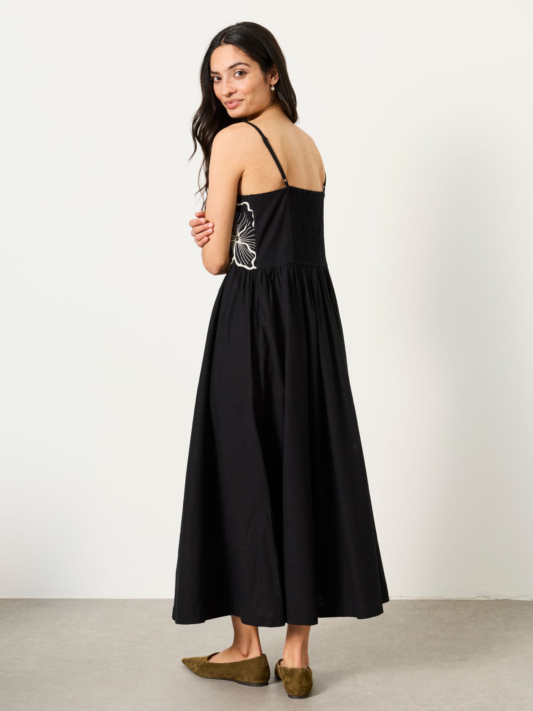 embroidered black midi dress MissJophiel V Neck Floral Embroidery Midi Black Dress with Sleeves Ivory / Above Knee / US6