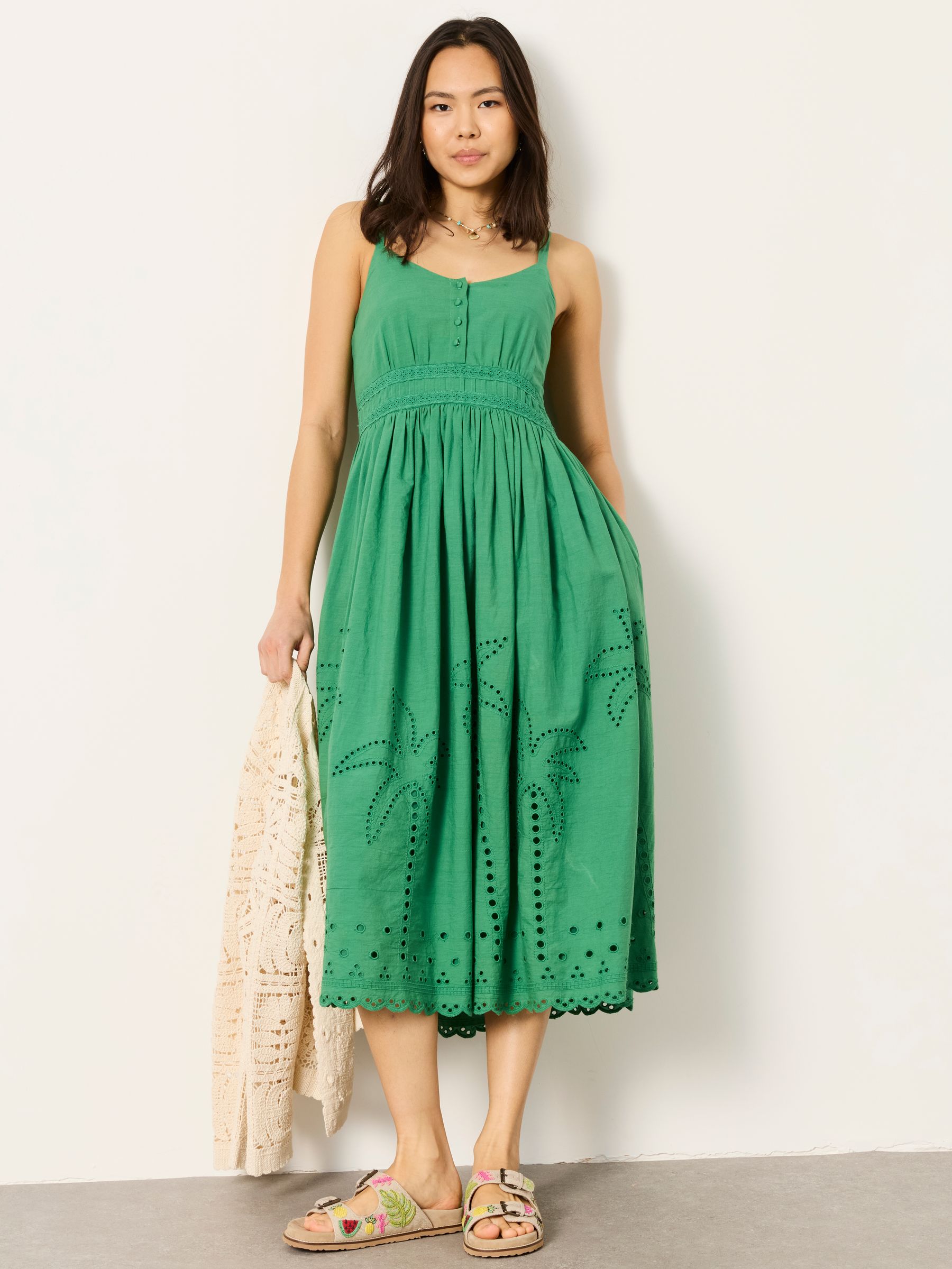 FatFace - Teri Green Petite Embroidered Midi Dress