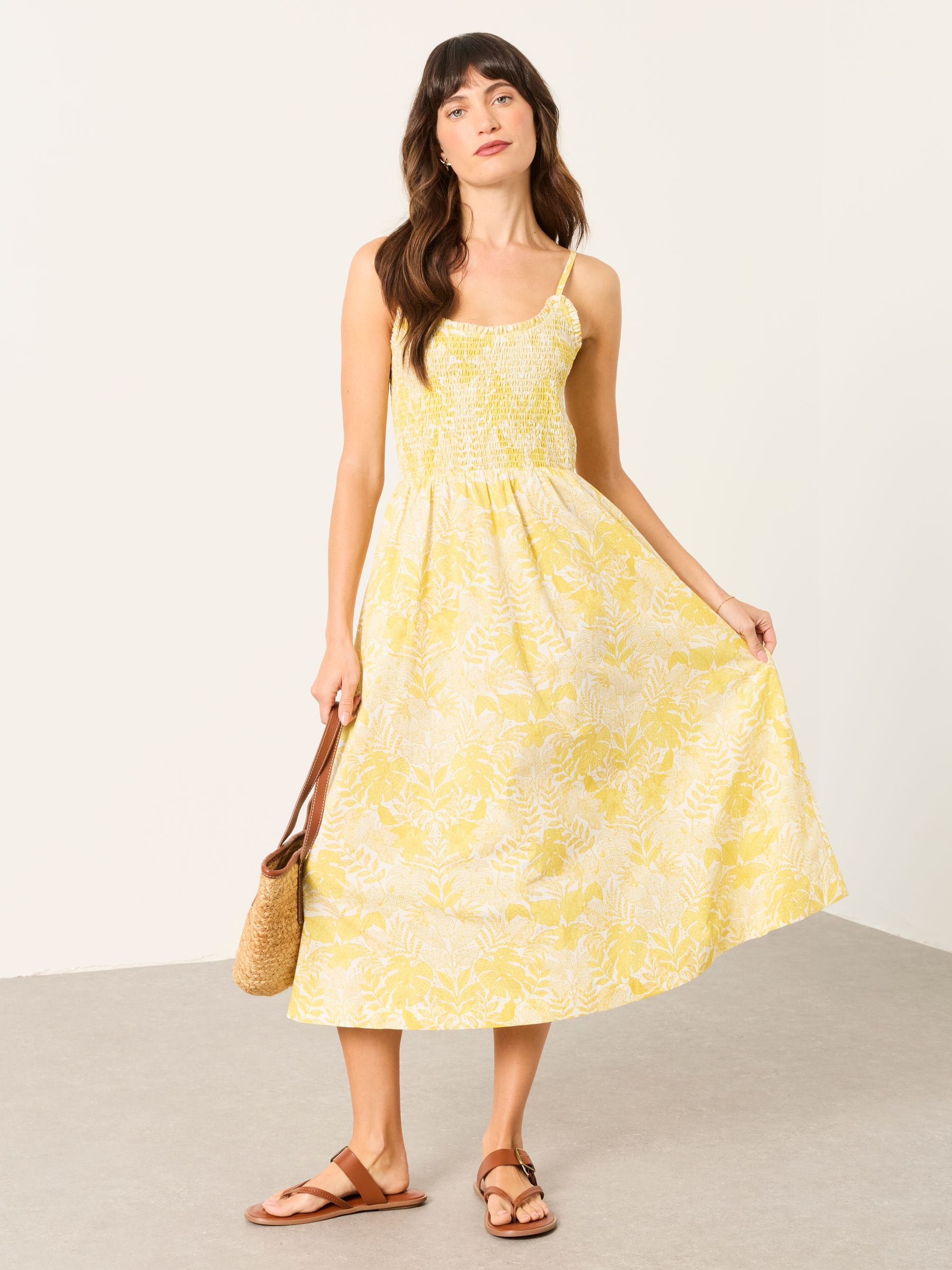 Emmy Yellow Stitch Leaves Petite Midi Dresses | FatFace USA