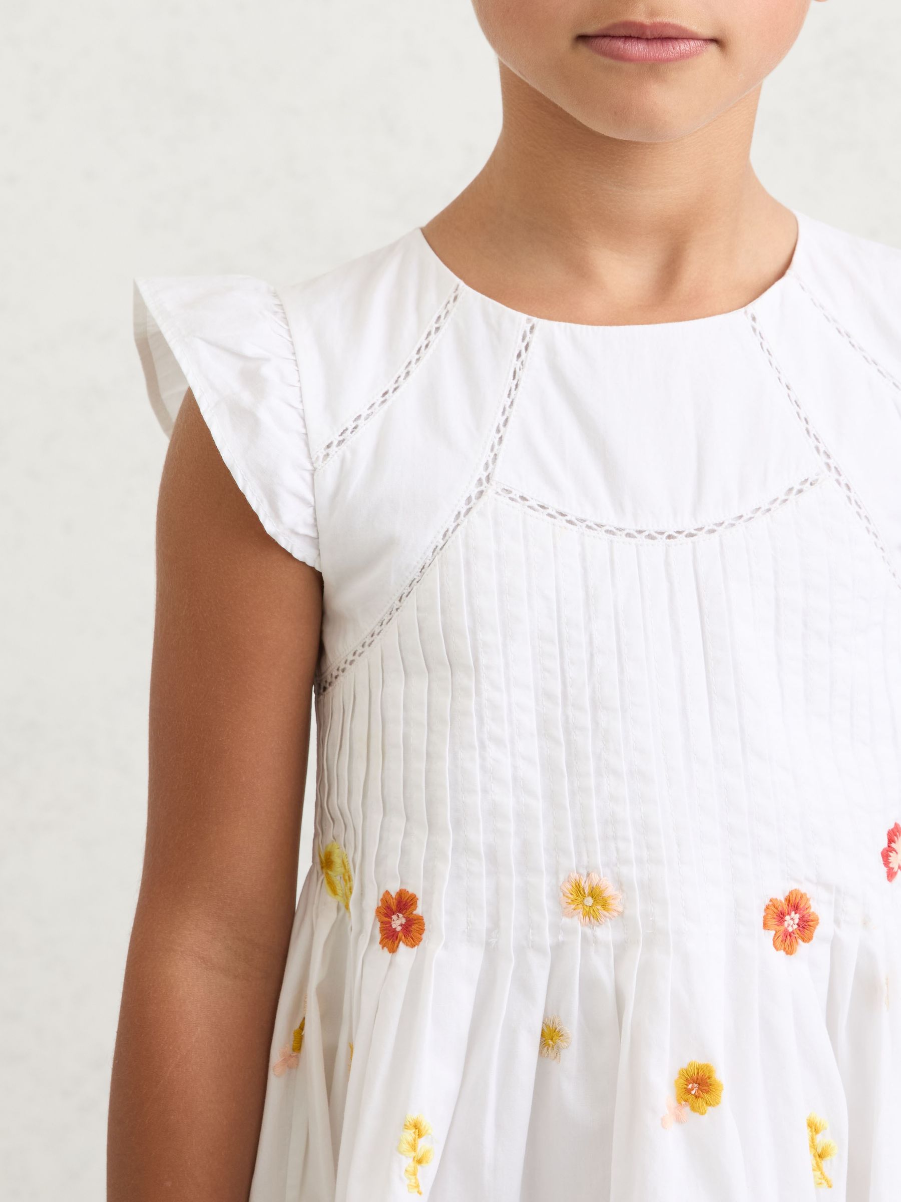 Cotton Embroidered Pintuck Dress in White - Image 3 of 4