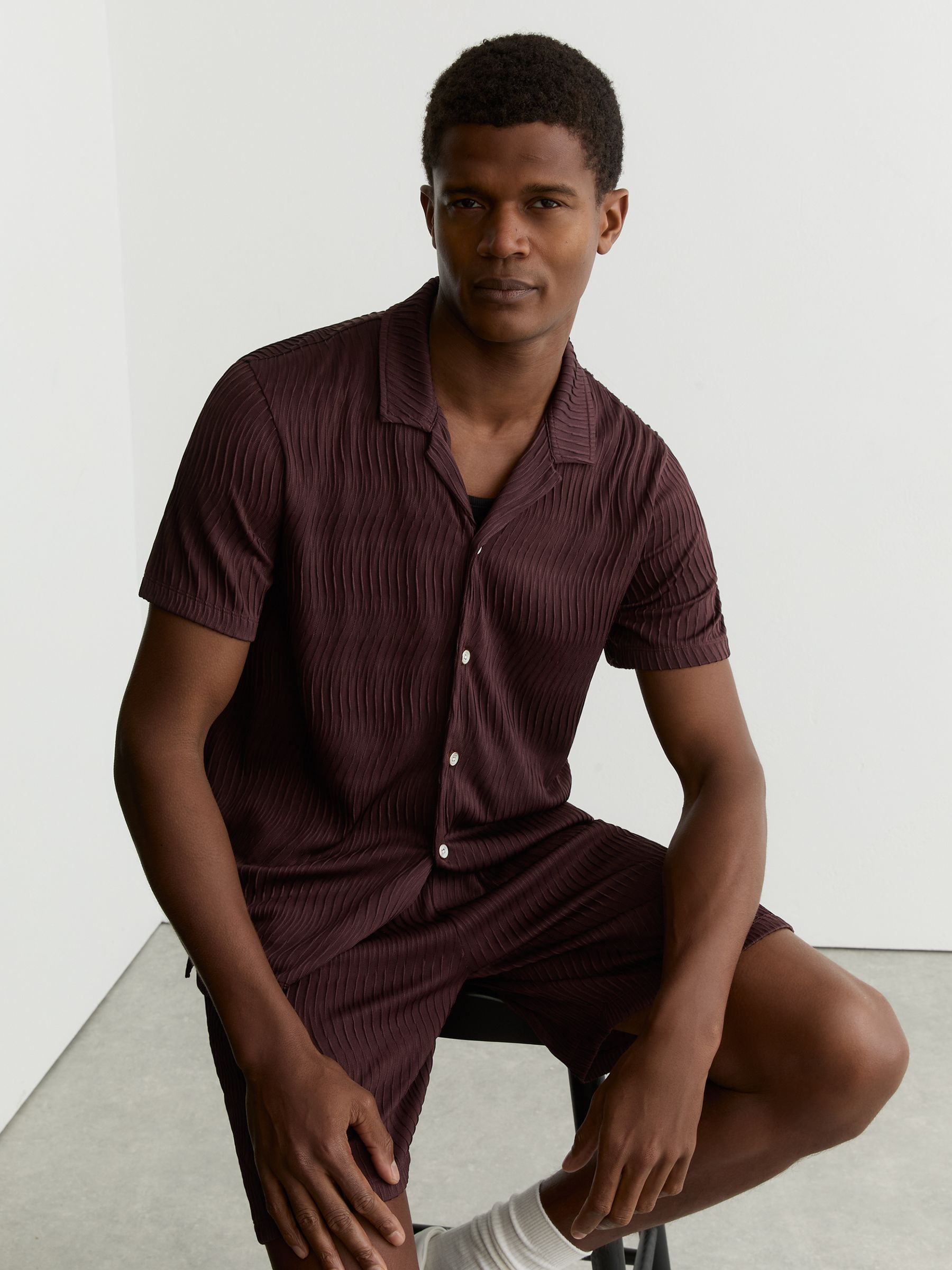 Textured-Wave Cuban-Collar Shirt in Bordeaux - Image 1 of 7