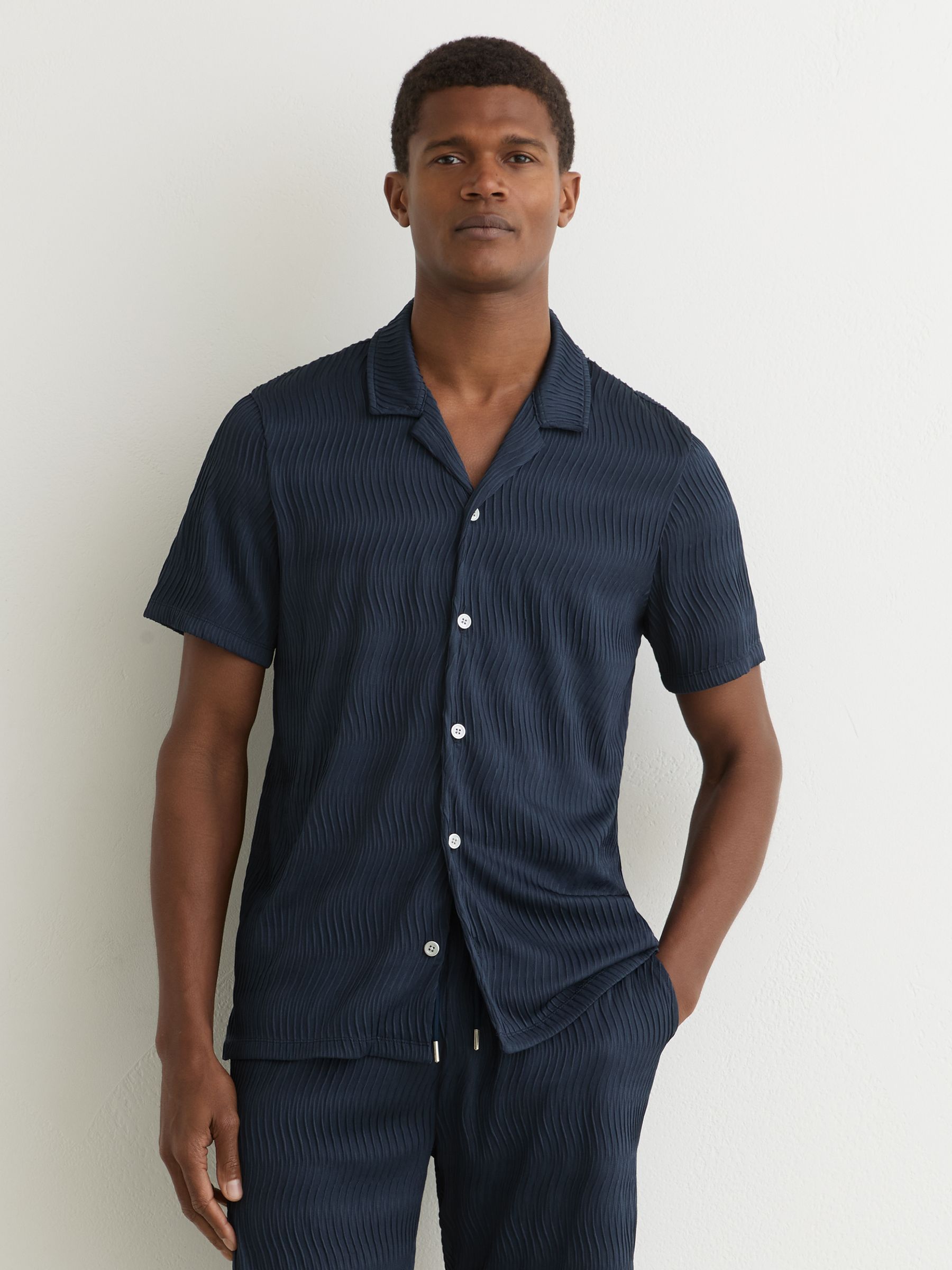 Textured-Wave Cuban-Collar Shirt in Airforce Blue - Image 1 of 7