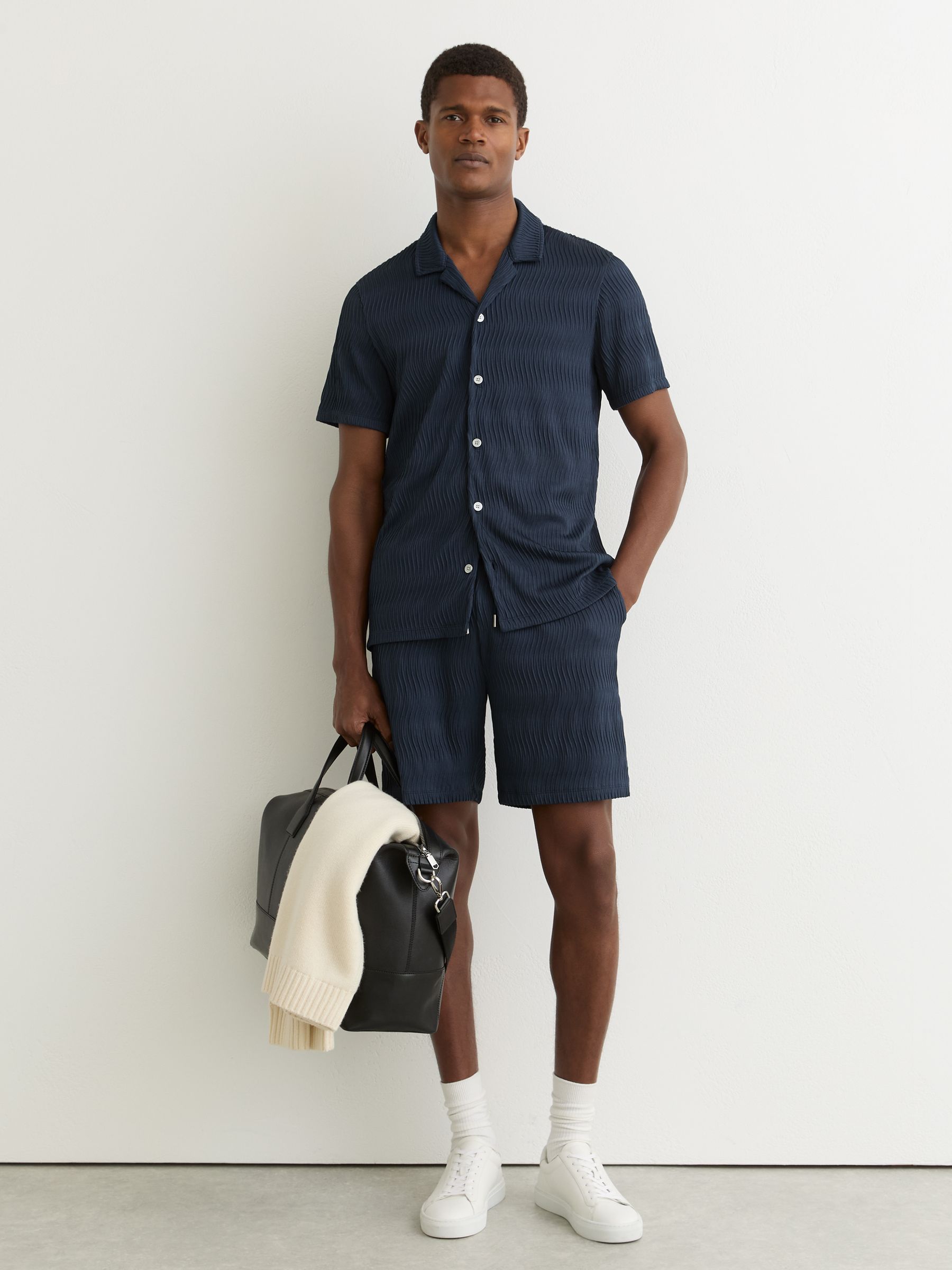 Textured-Wave Cuban-Collar Shirt in Airforce Blue - Image 3 of 7