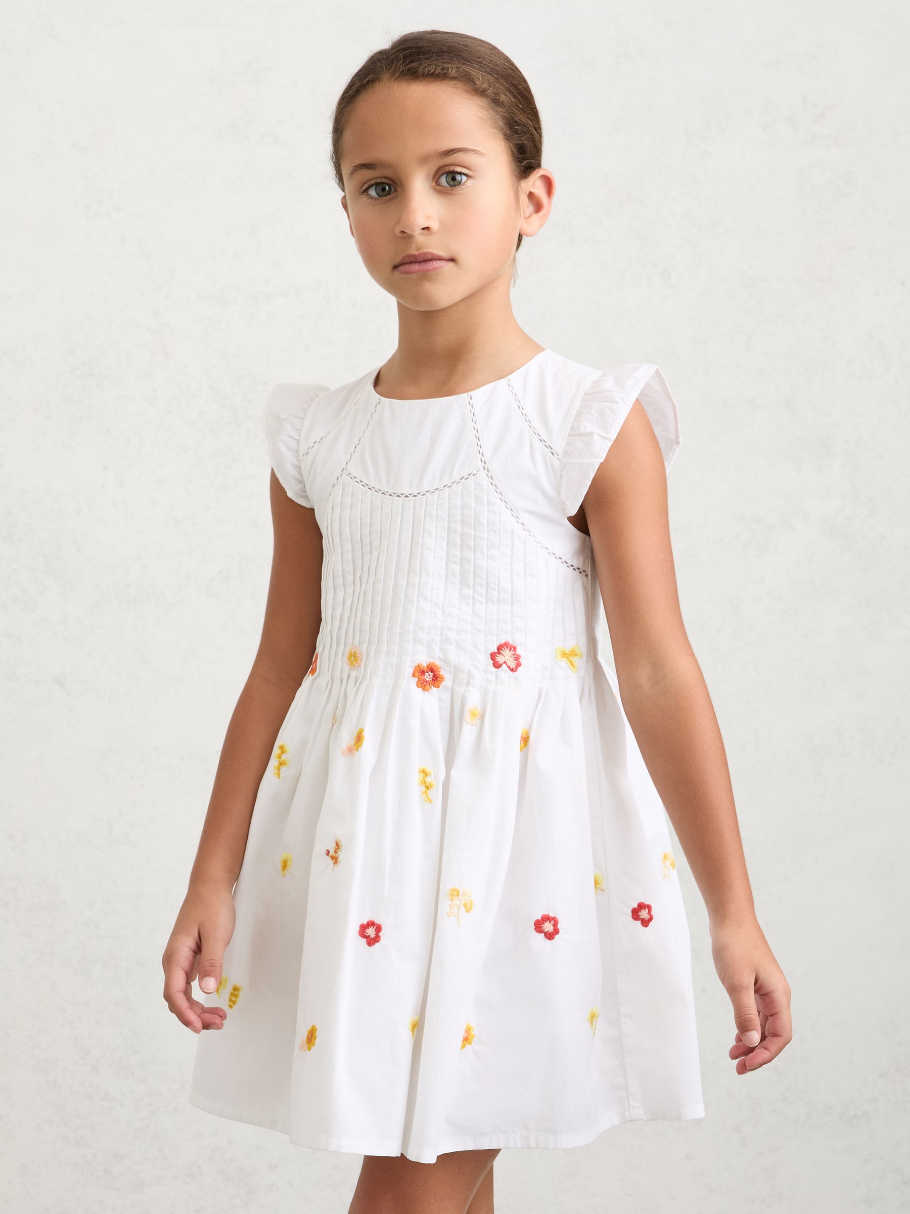 9-13 yrs Cotton Embroidered Pintuck Dress in White - Image 3 of 4
