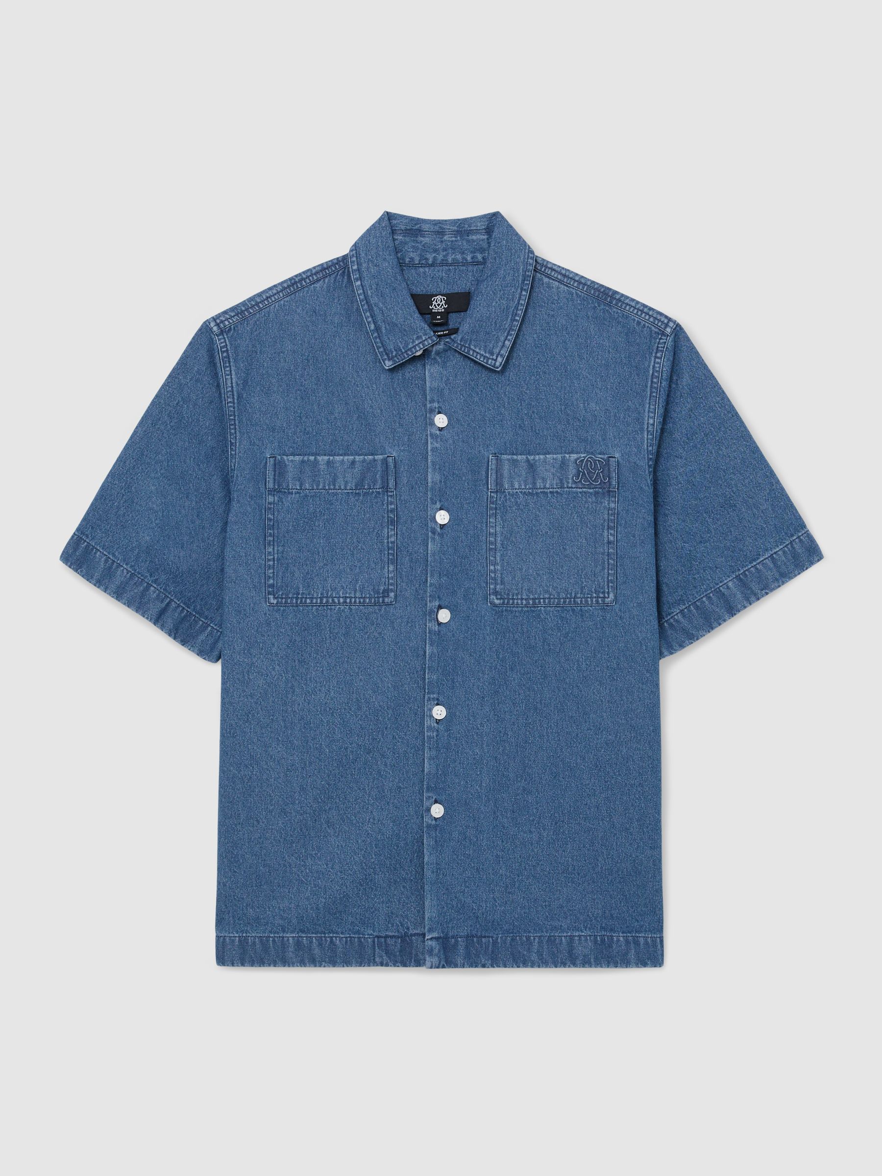Monogram-Embossed Relaxed Denim Shirt in Mid Blue - image 1