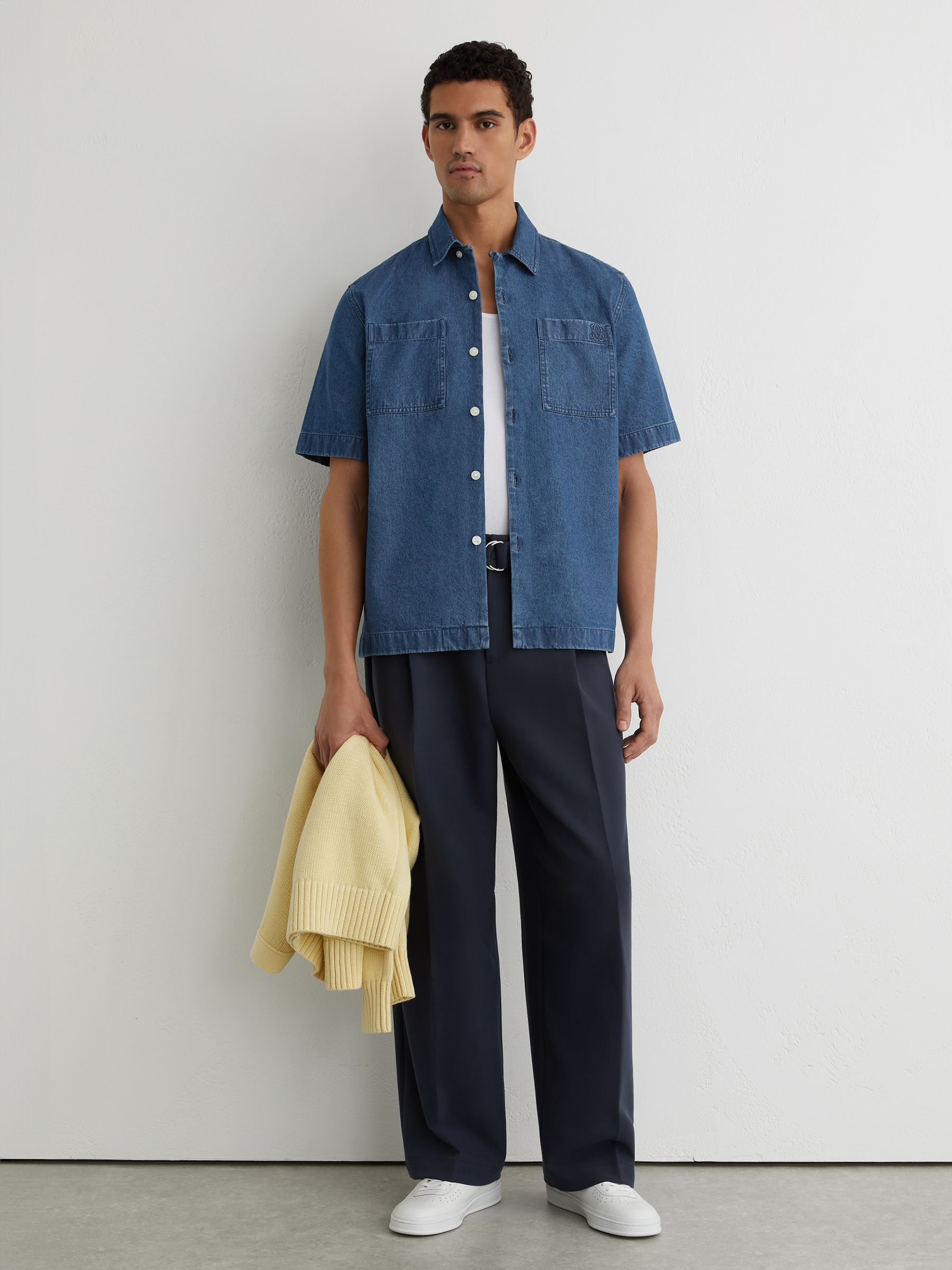 Monogram-Embossed Relaxed Denim Shirt in Mid Blue - Image 3 of 8