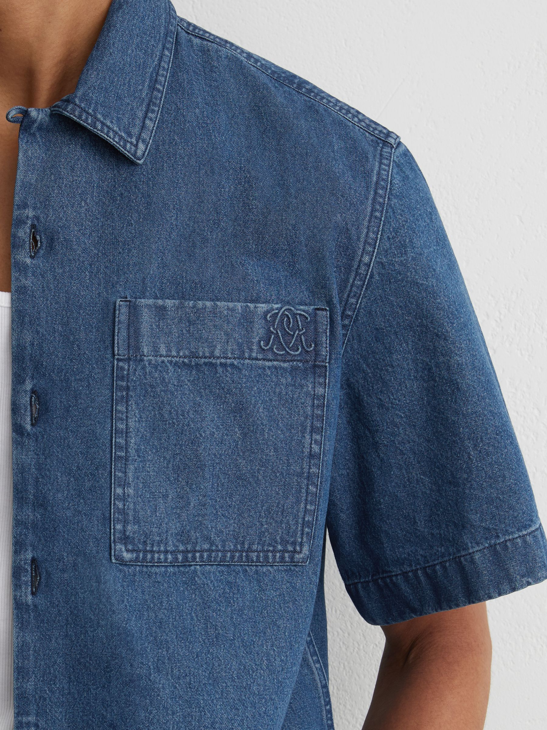Monogram-Embossed Relaxed Denim Shirt in Mid Blue - Image 4 of 8