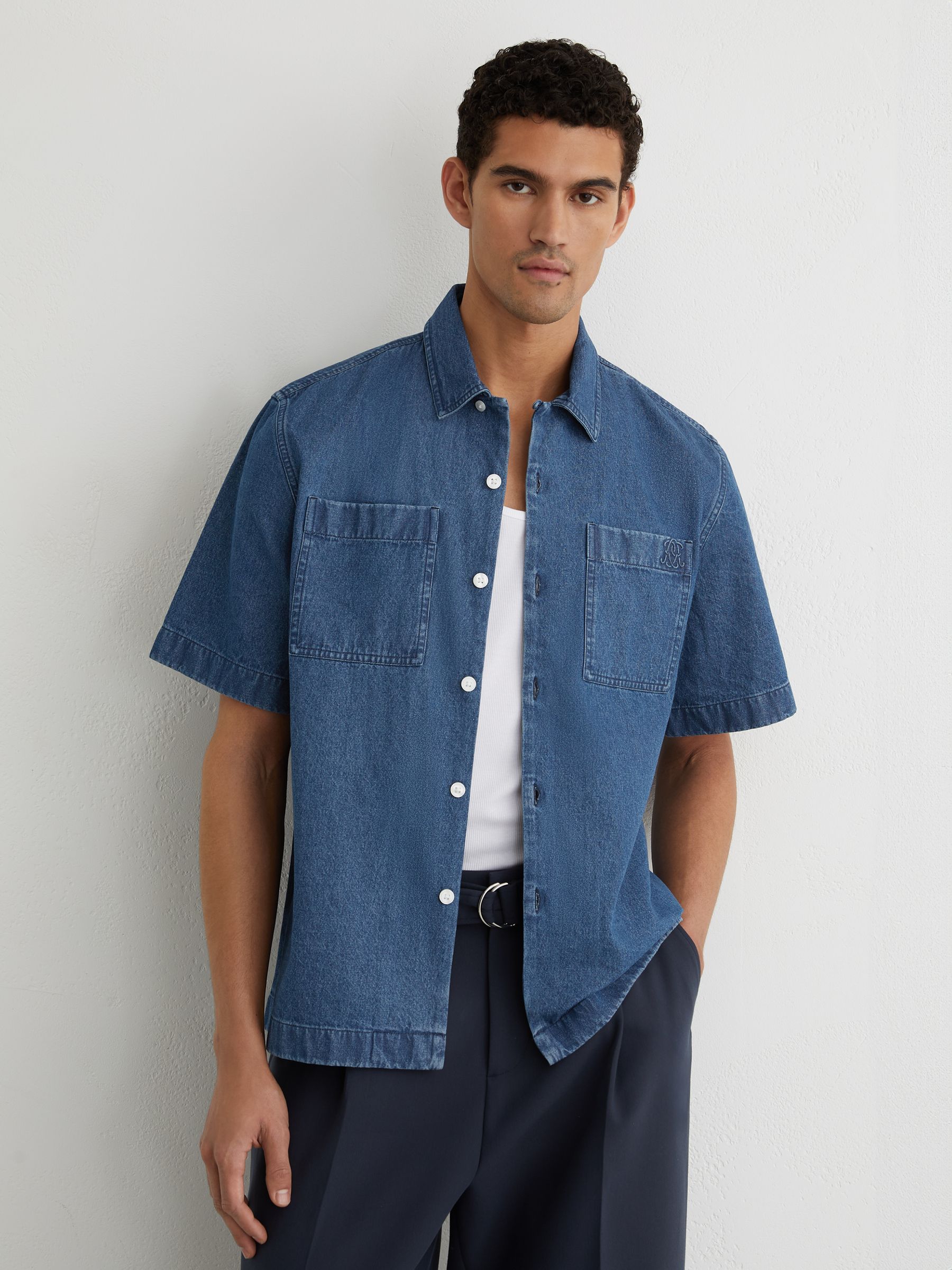 Monogram-Embossed Relaxed Denim Shirt in Mid Blue - Image 5 of 8