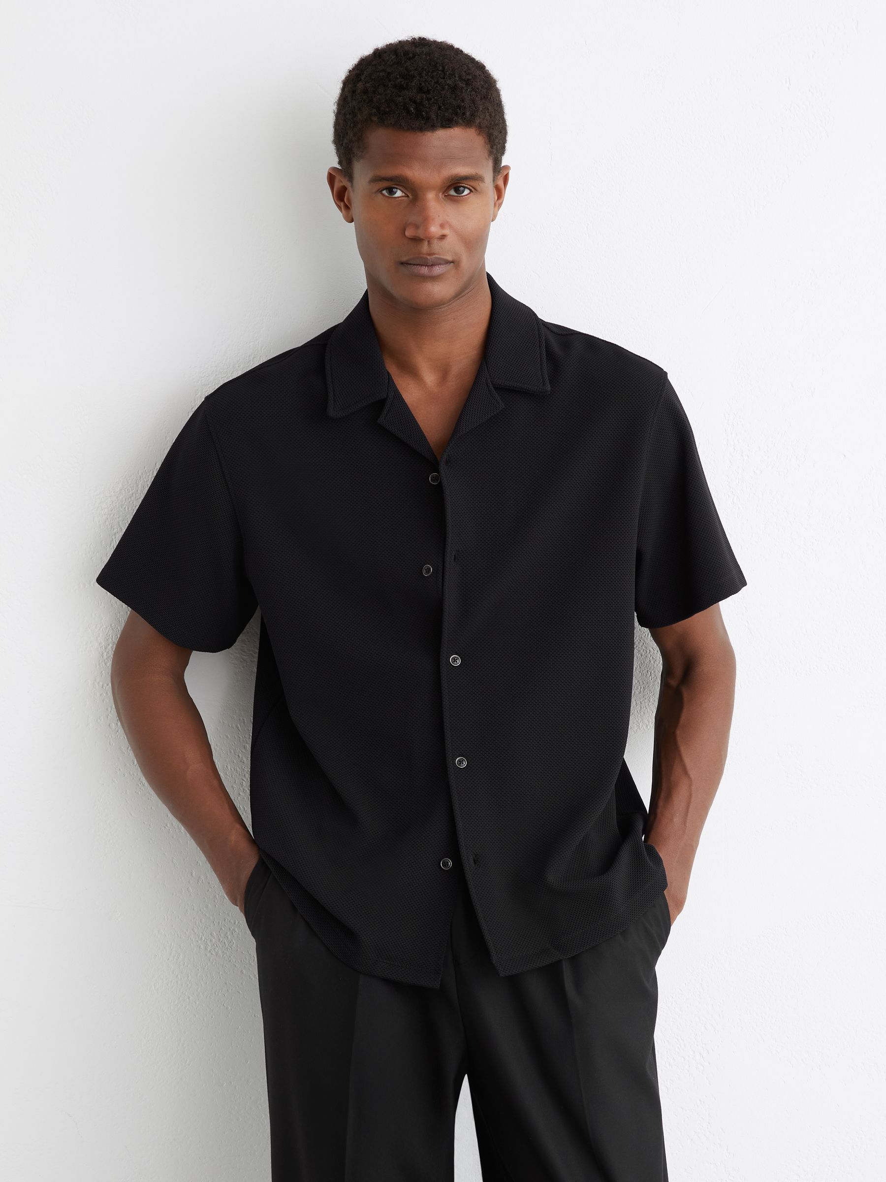Textured Cuban-Collar Shirt in Black - Image 1 of 6