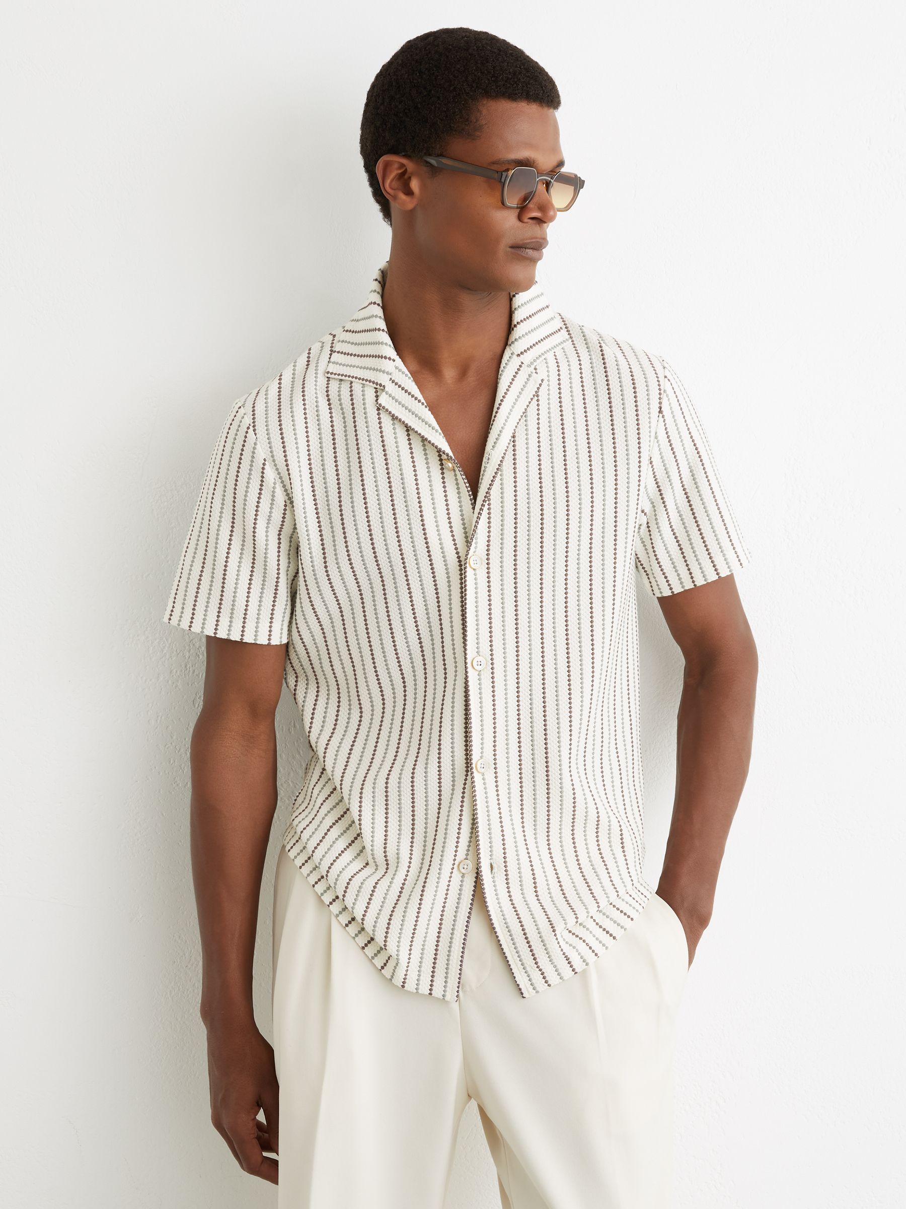 Textured-Stripe Cuban-Collar Shirt Cotton-Blend in Green/Brown Multi - image 2