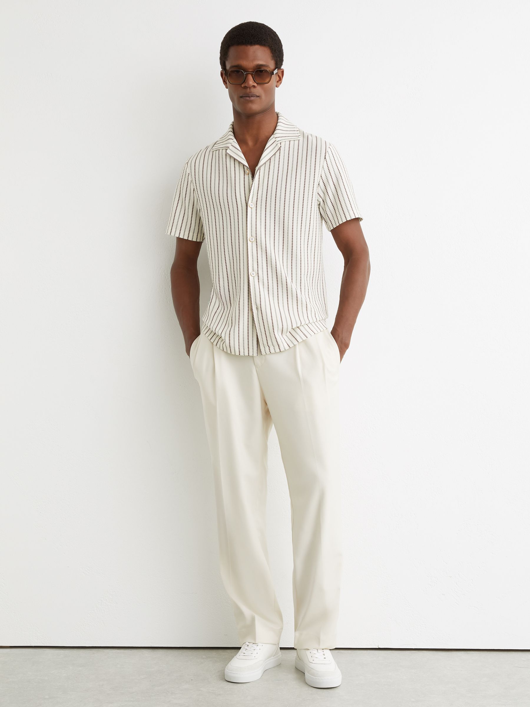 Textured-Stripe Cuban-Collar Shirt Cotton-Blend in Green/Brown Multi - Image 3 of 7