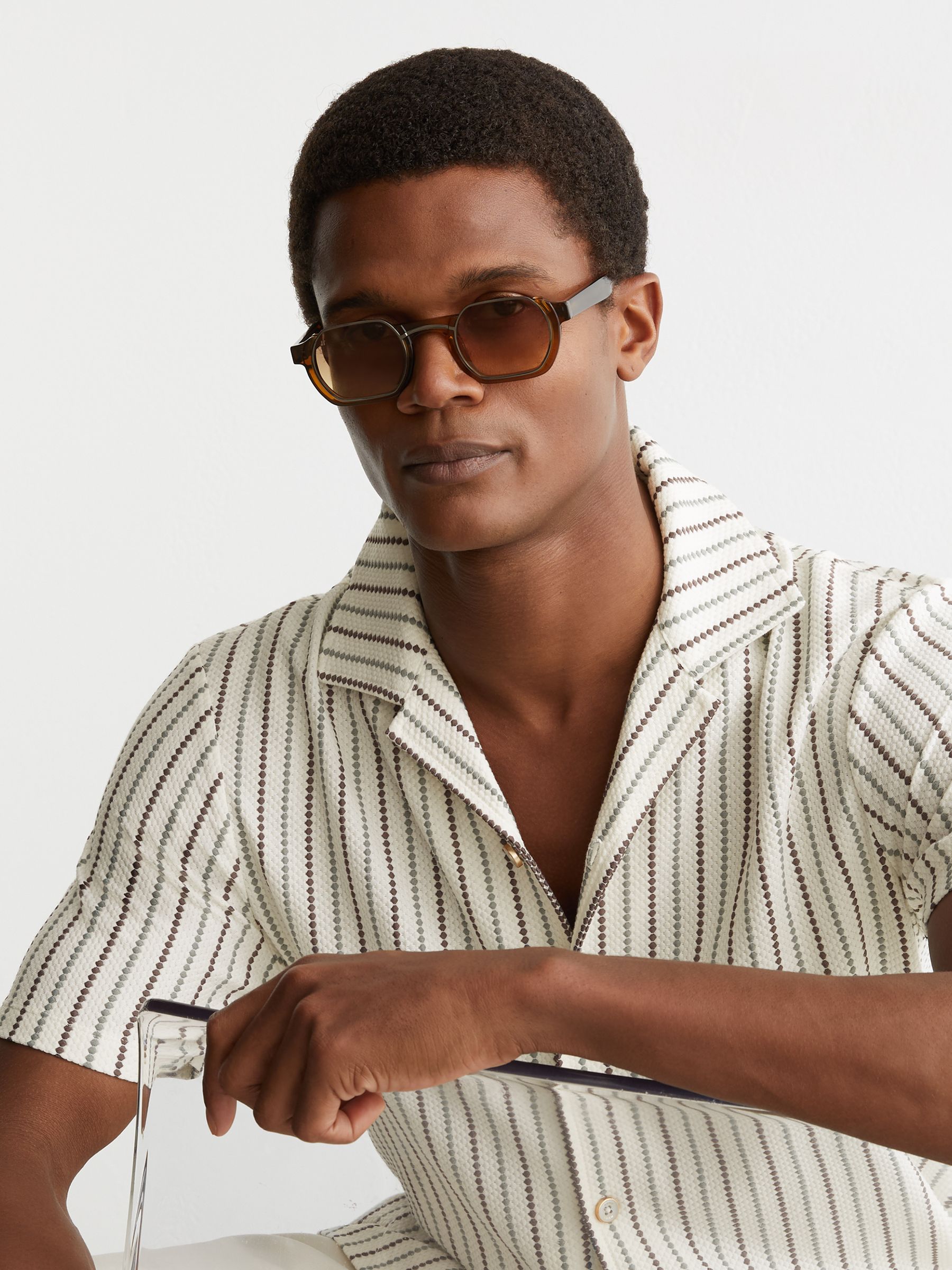 Textured-Stripe Cuban-Collar Shirt Cotton-Blend in Green/Brown Multi - Image 4 of 7