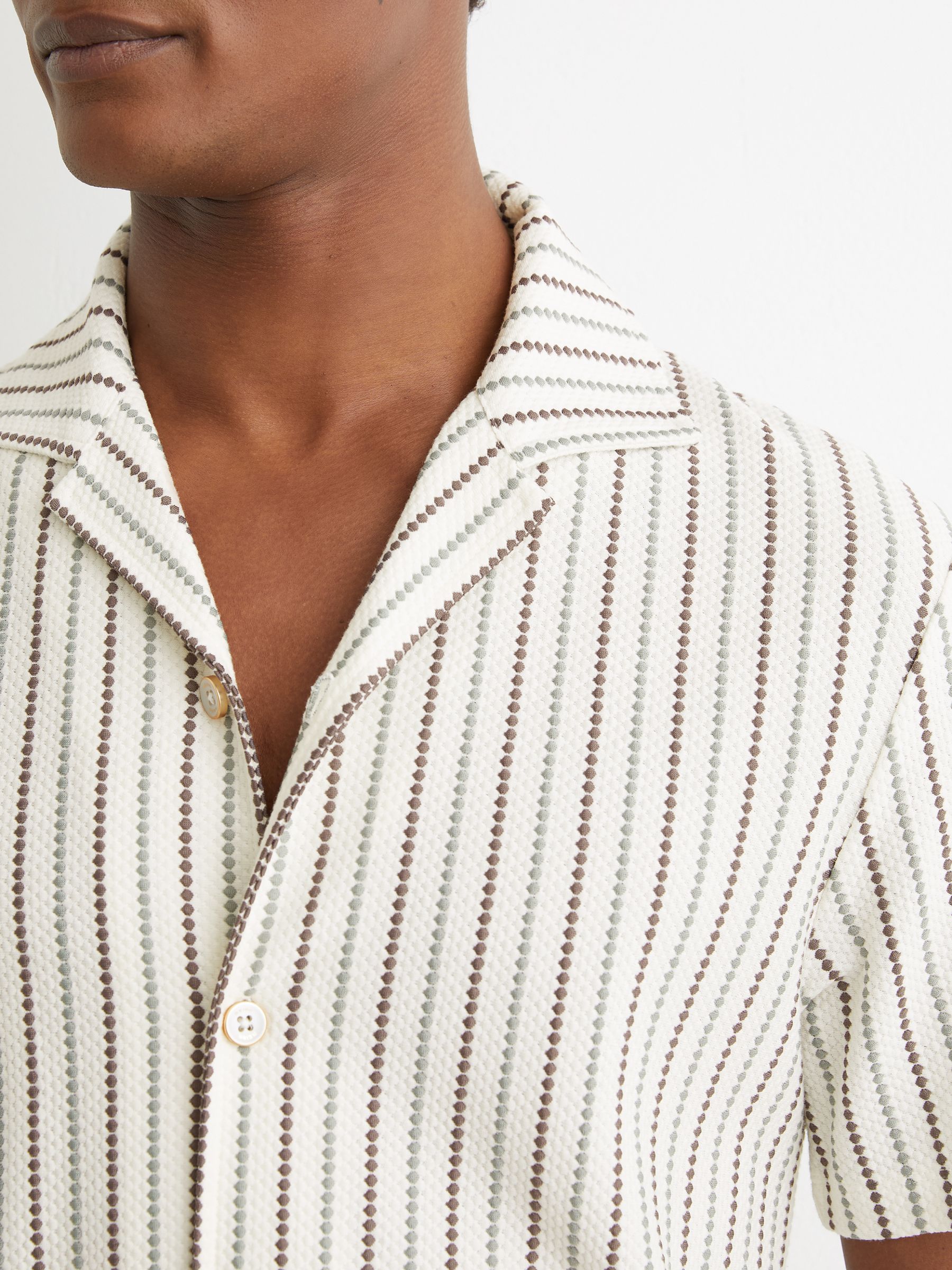 Textured-Stripe Cuban-Collar Shirt Cotton-Blend in Green/Brown Multi - image 5