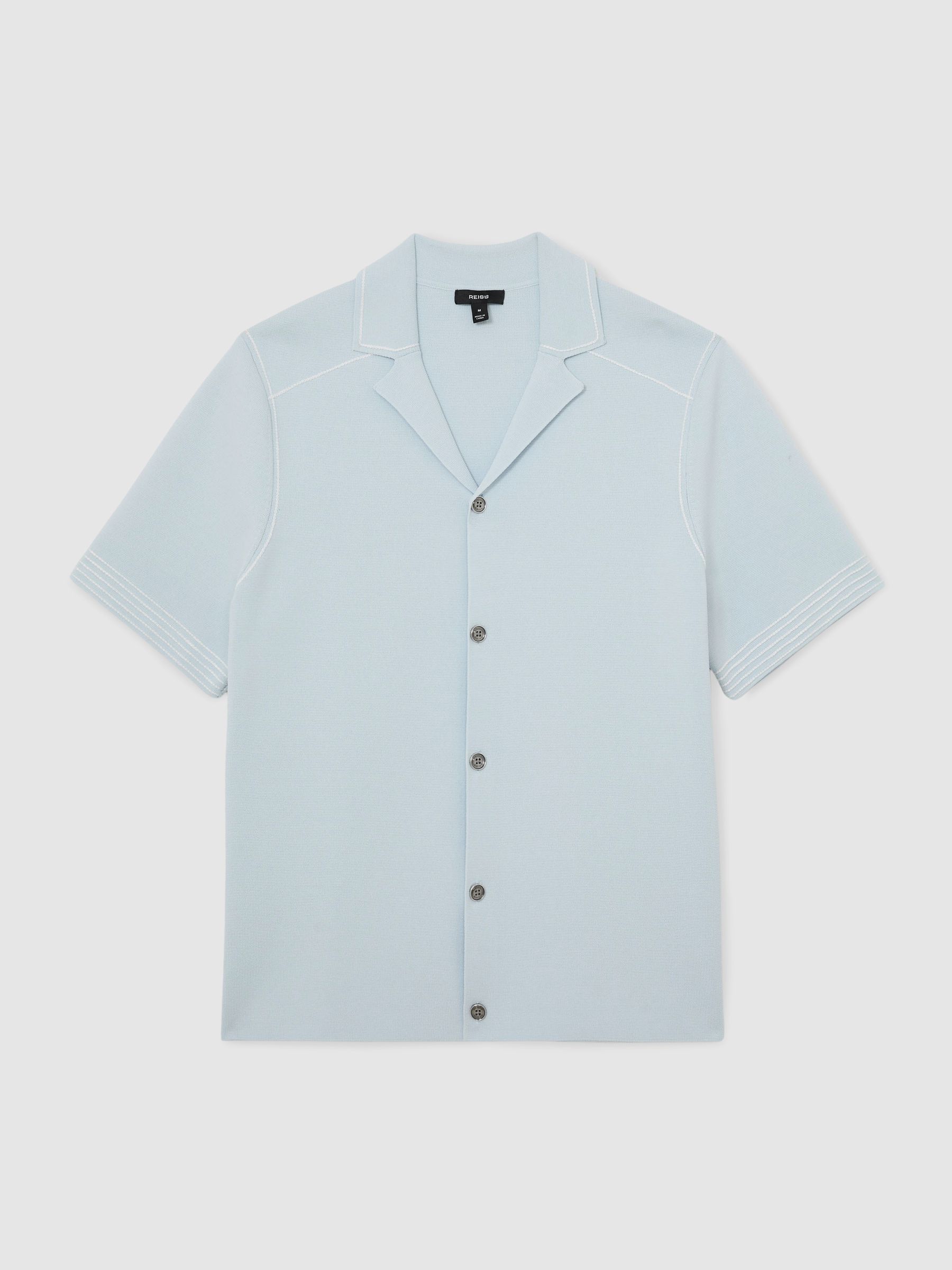 Stitch-Detail Cuban-Collar Knit Shirt in Soft Blue - Image 2 of 6