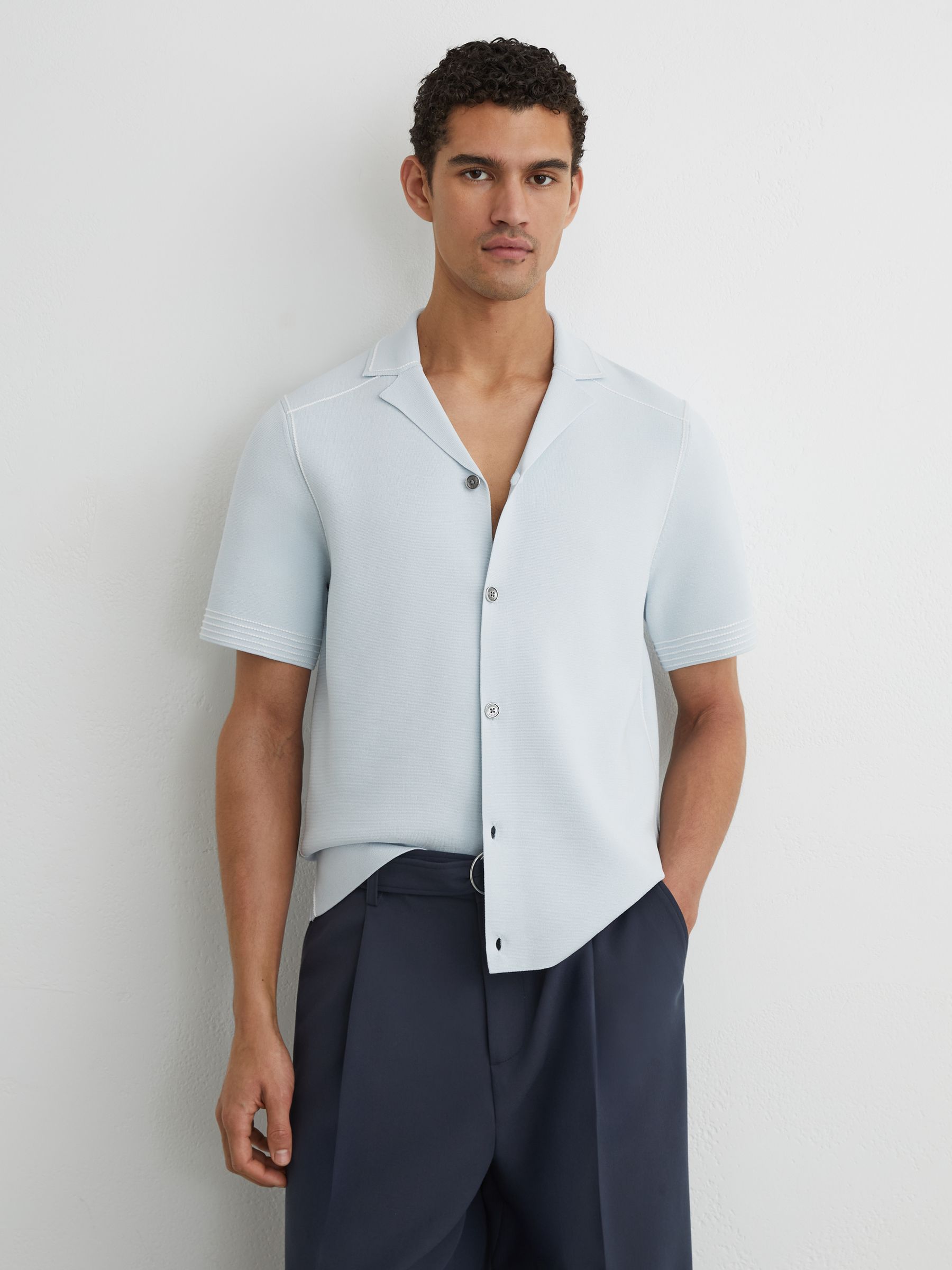 Stitch-Detail Cuban-Collar Knit Shirt in Soft Blue - Image 4 of 6