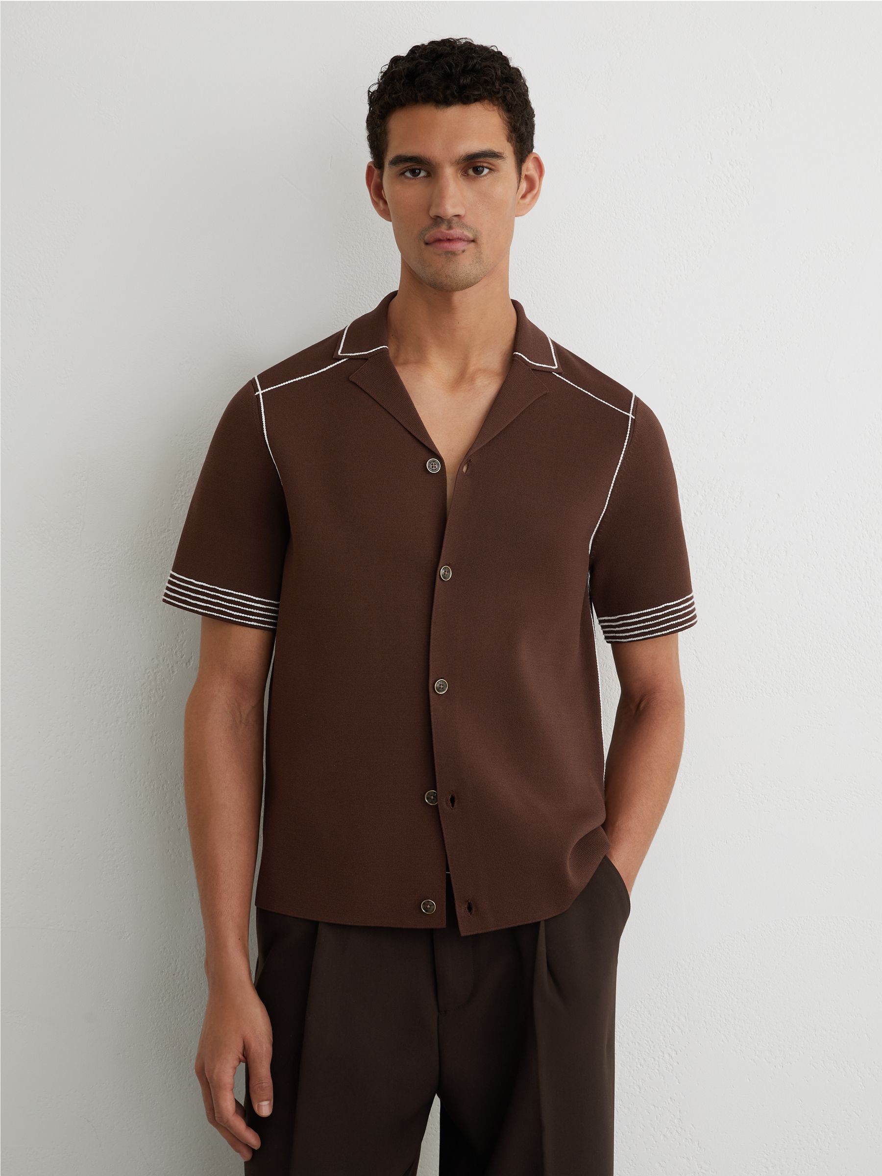 Stitch-Detail Cuban-Collar Knit Shirt in Tobacco Brown - Image 1 of 6