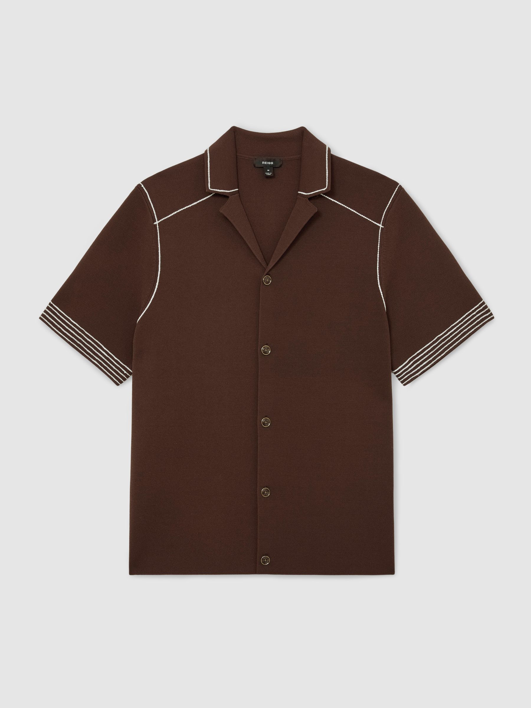 Stitch-Detail Cuban-Collar Knit Shirt in Tobacco Brown - Image 2 of 6