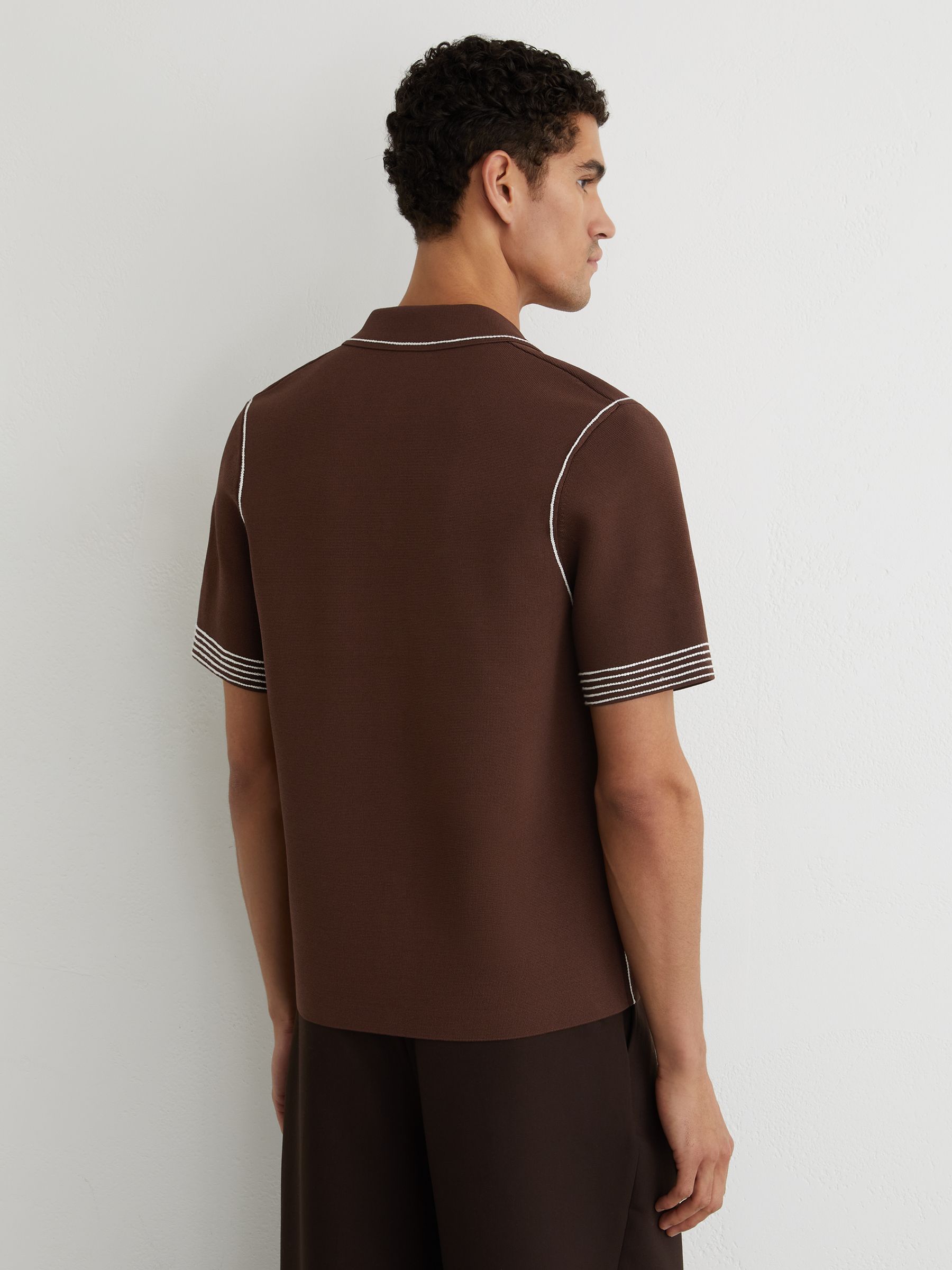 Stitch-Detail Cuban-Collar Knit Shirt in Tobacco Brown - Image 5 of 6