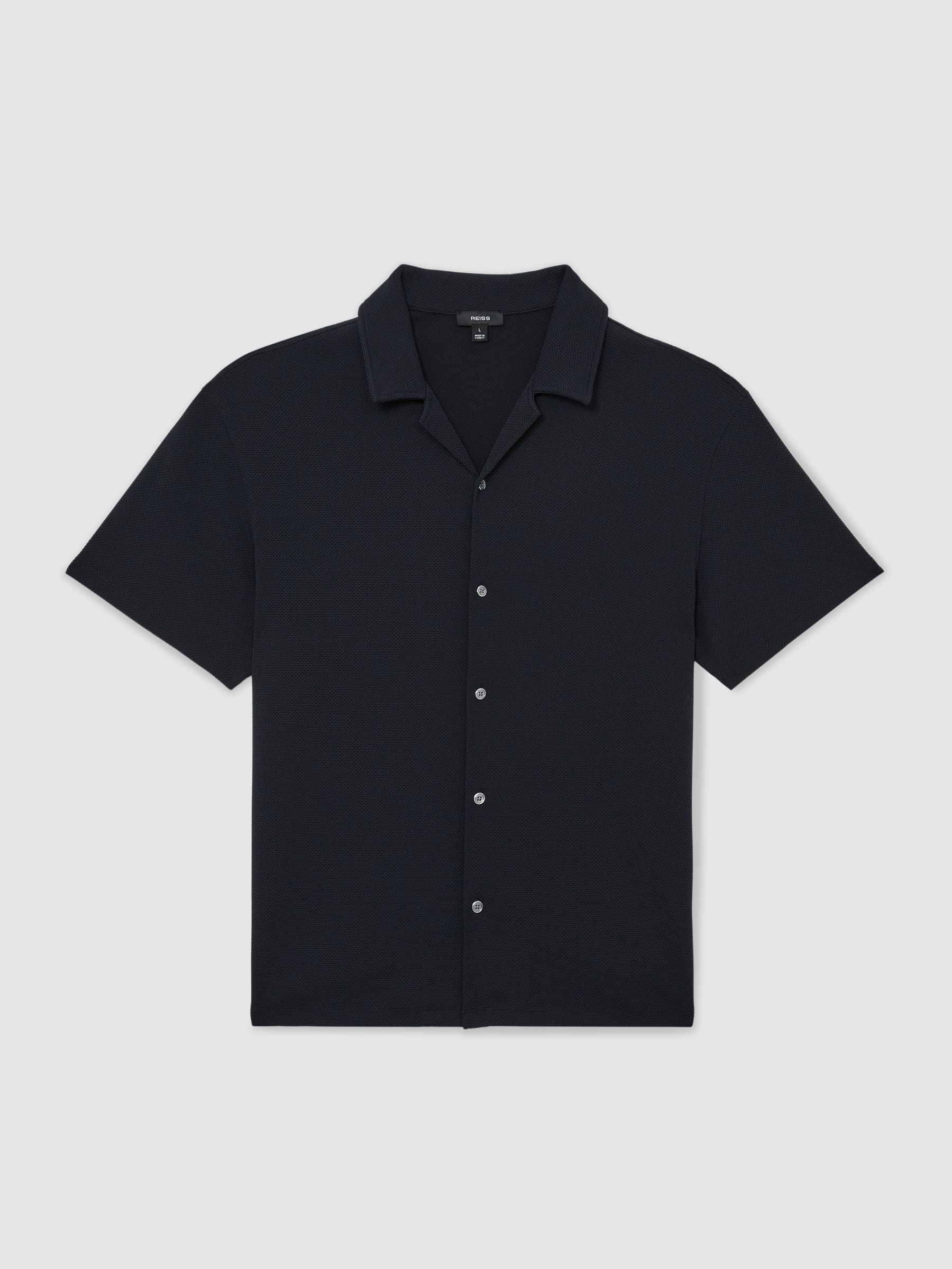 Textured Cuban-Collar Shirt in Navy - Image 2 of 7