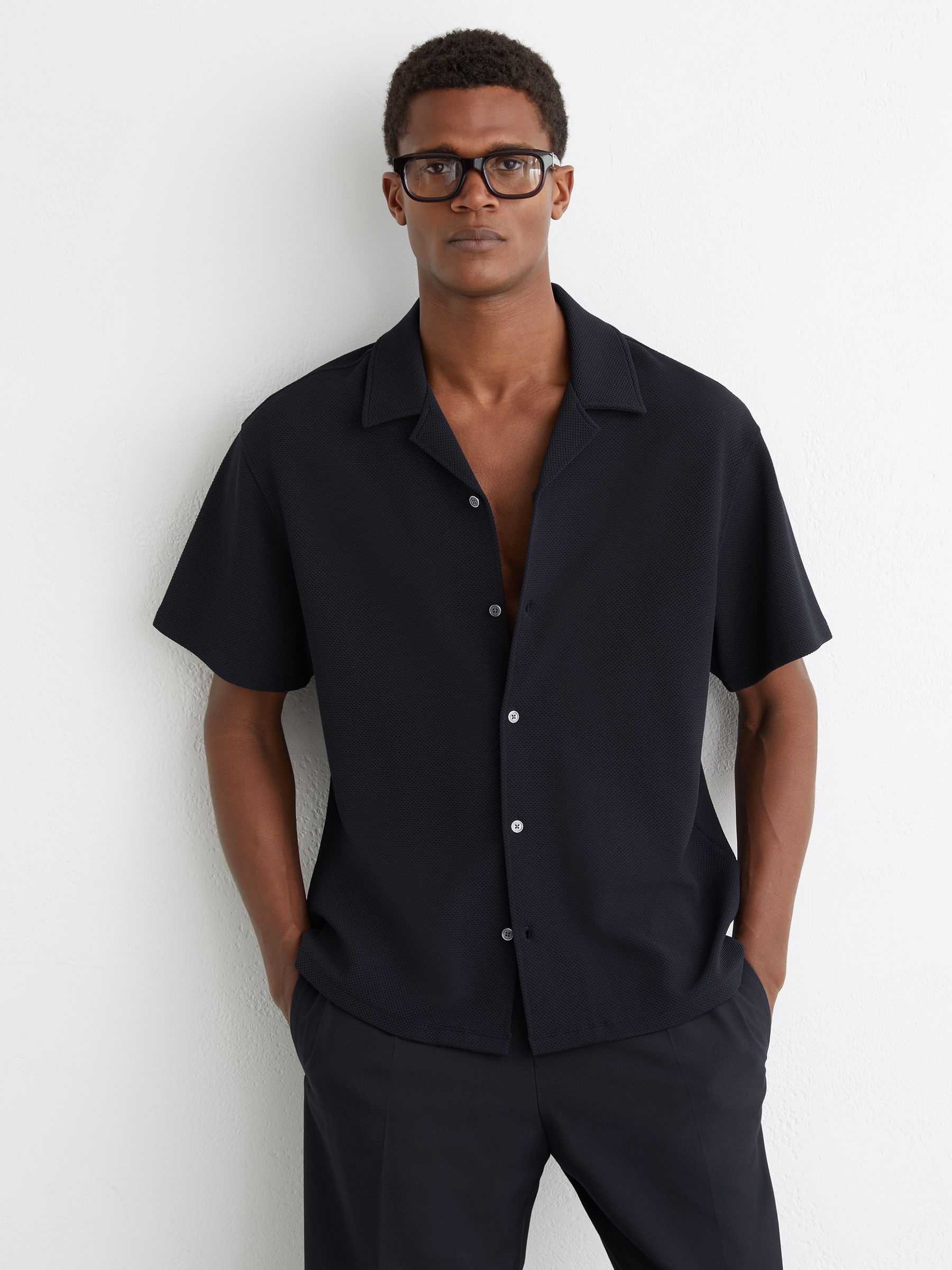 Textured Cuban-Collar Shirt in Navy - Image 3 of 7