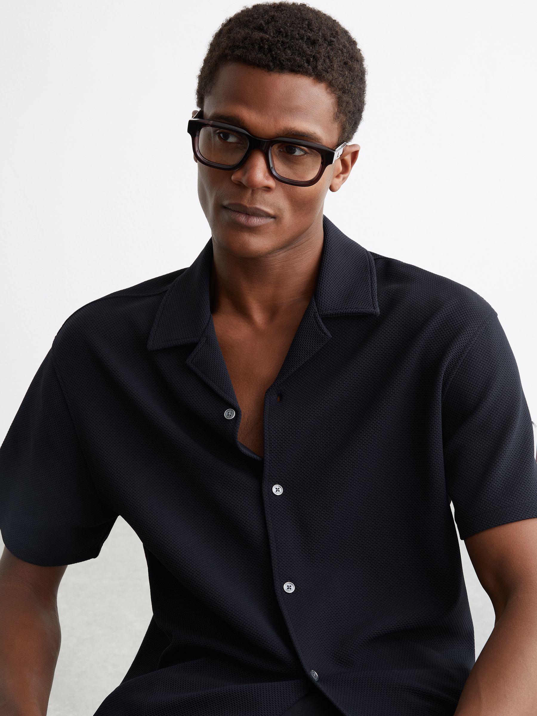 Textured Cuban-Collar Shirt in Navy - Image 4 of 7