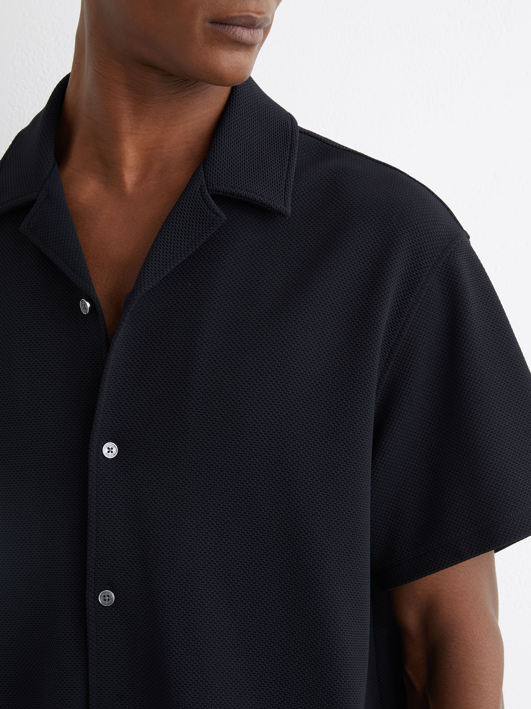 Textured Cuban-Collar Shirt in Navy - Image 5 of 7