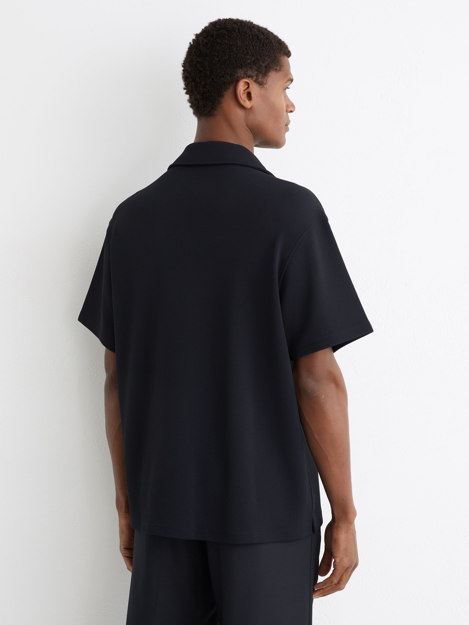 Textured Cuban-Collar Shirt in Navy - Image 6 of 7