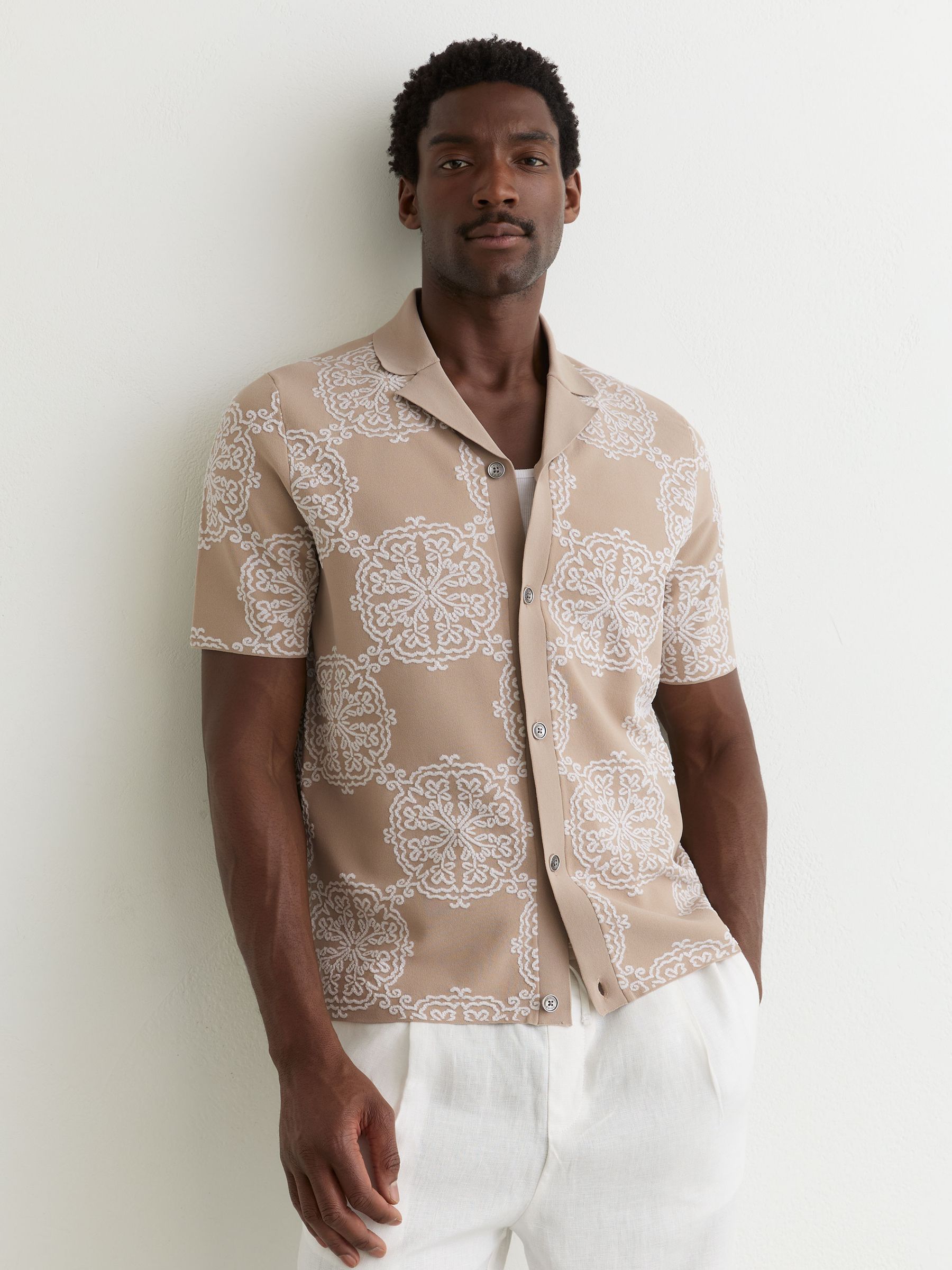Jacquard Knit Cuban-Collar Shirt in Champagne/White - Image 1 of 7