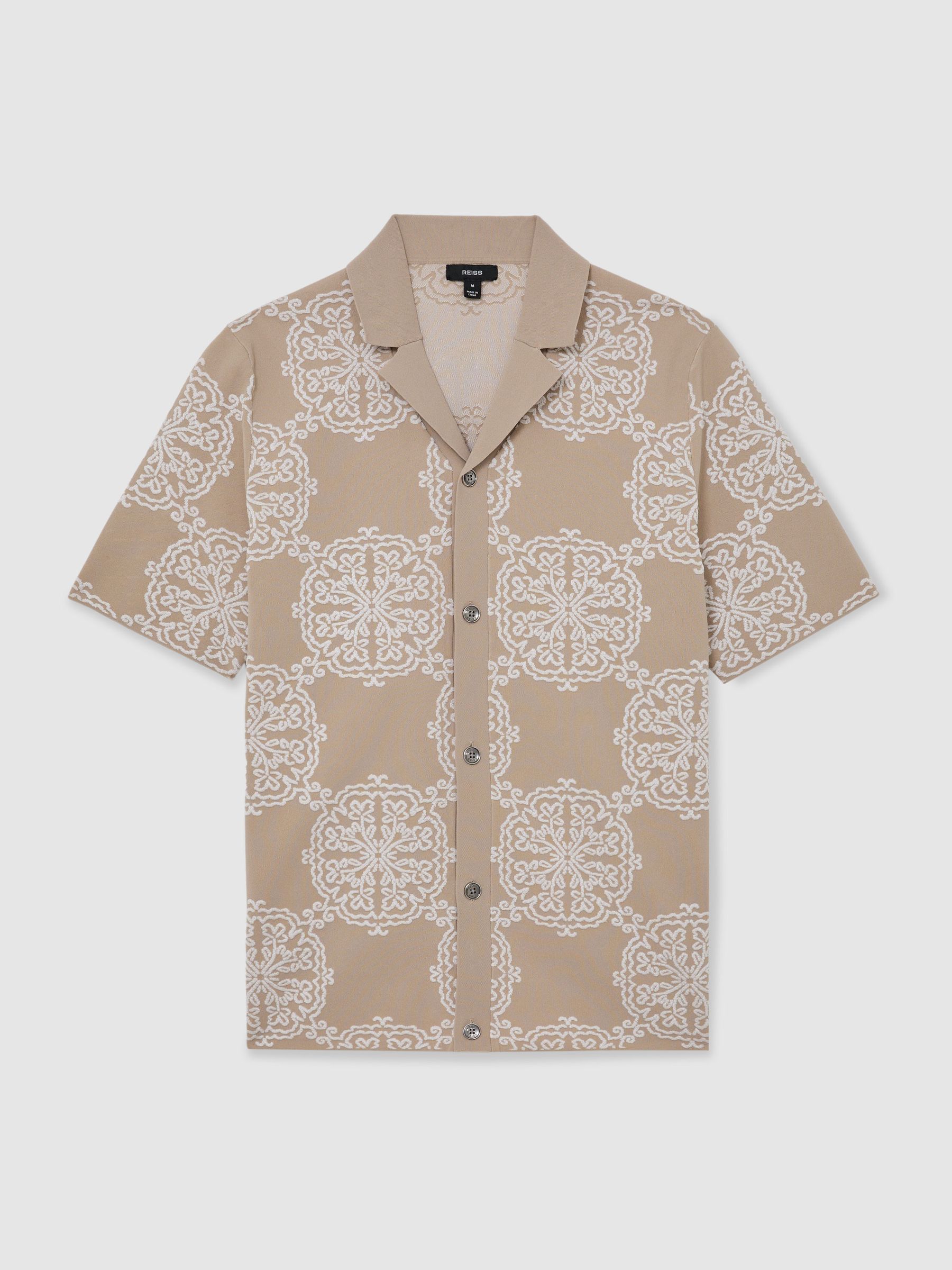 Jacquard Knit Cuban-Collar Shirt in Champagne/White