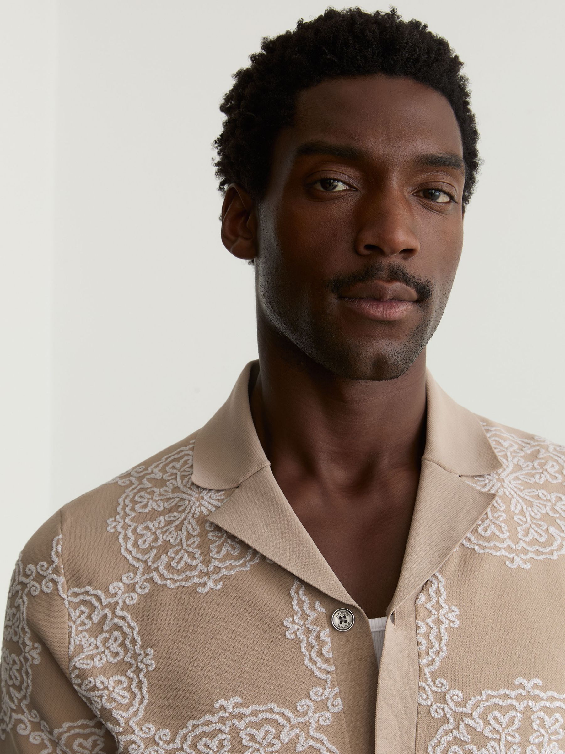 Jacquard Knit Cuban-Collar Shirt in Champagne/White - Image 4 of 7