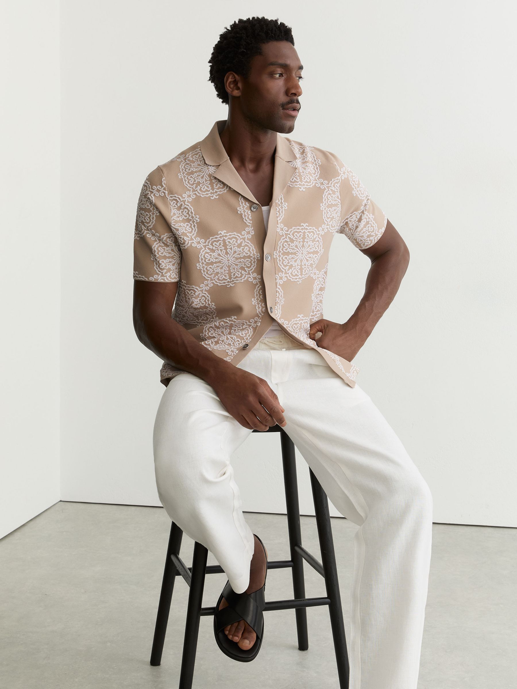 Jacquard Knit Cuban-Collar Shirt in Champagne/White - Image 5 of 7