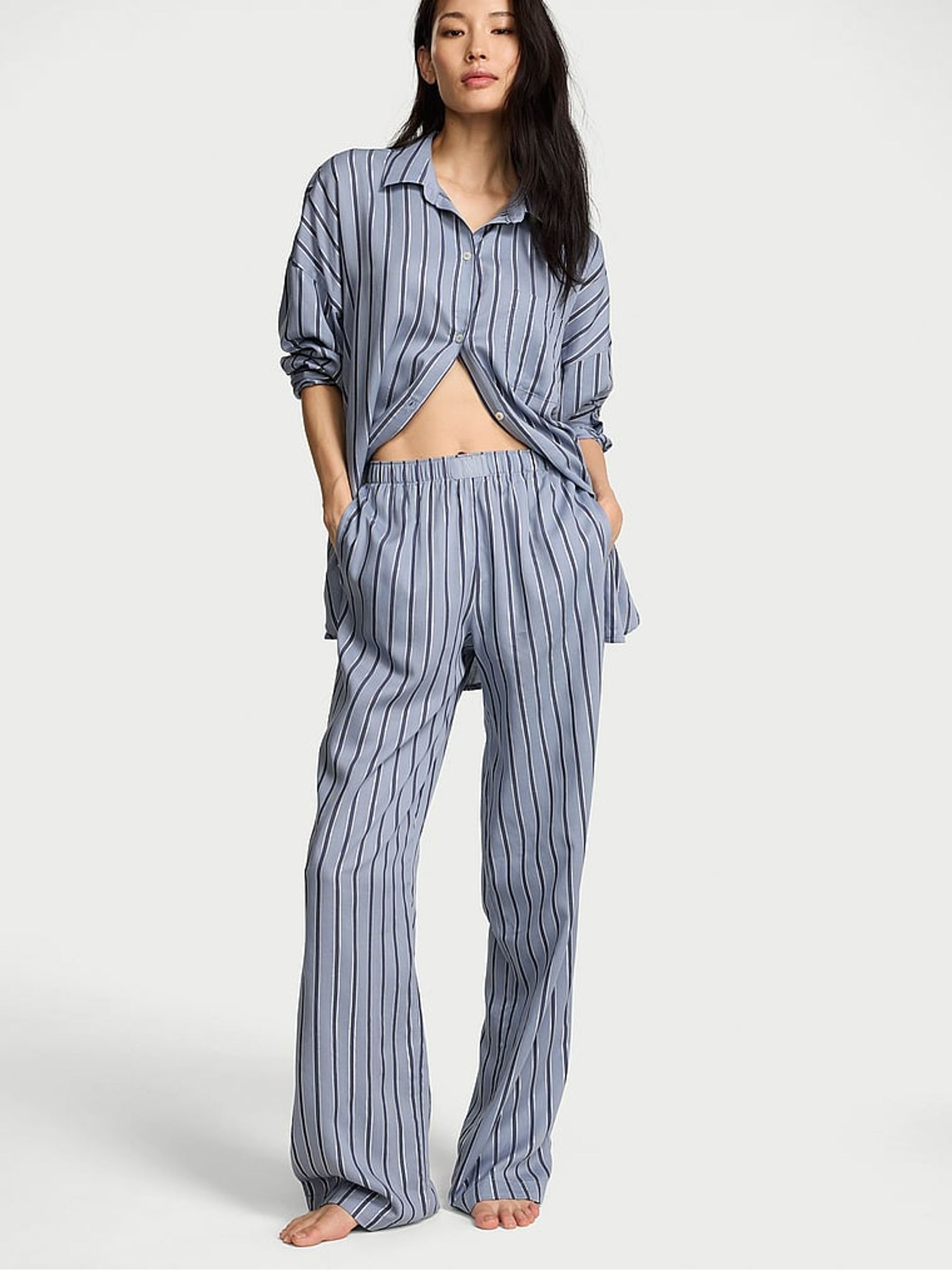 Ink Blue Stripe Cotton Modal Long Pyjama Set - Image 1 of 3