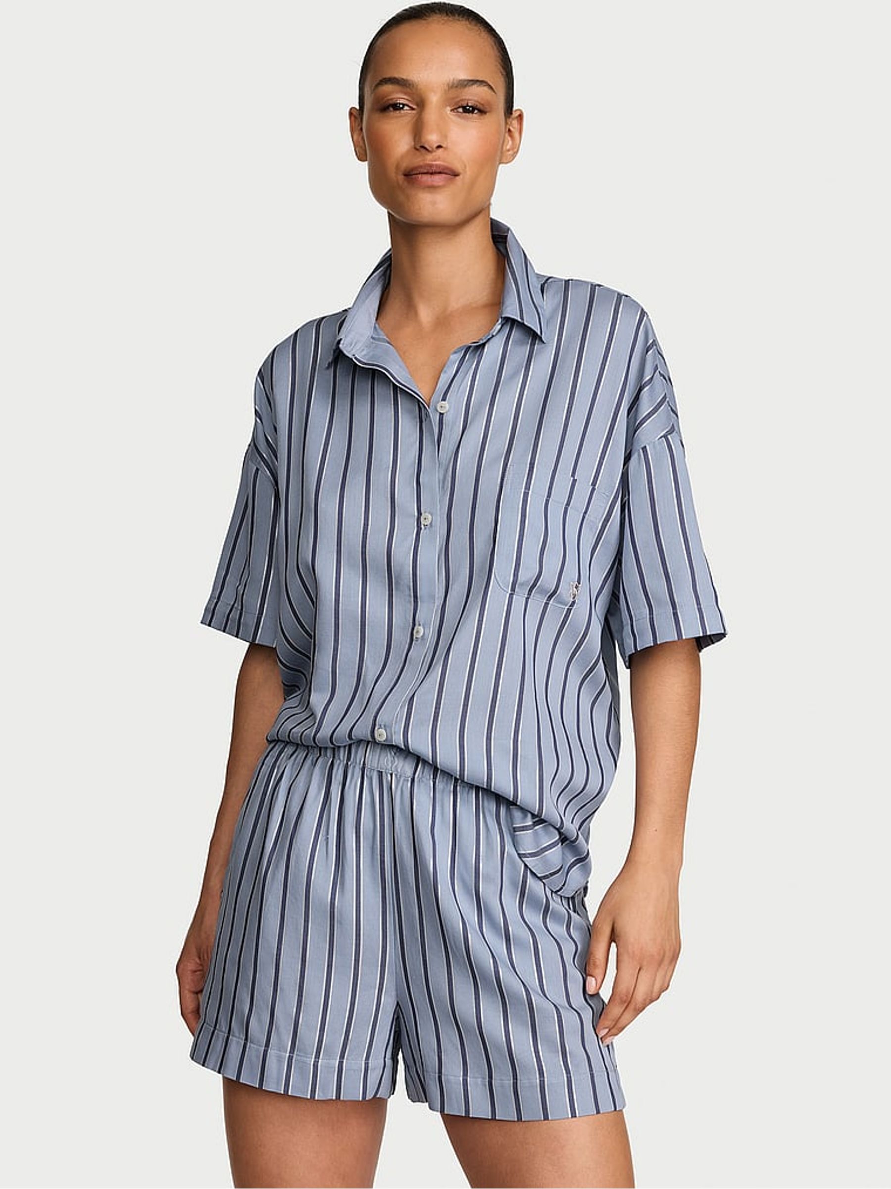 Ink Blue Shimmer Stripe Cotton Modal Short Pyjamas Set - Image 1 of 2