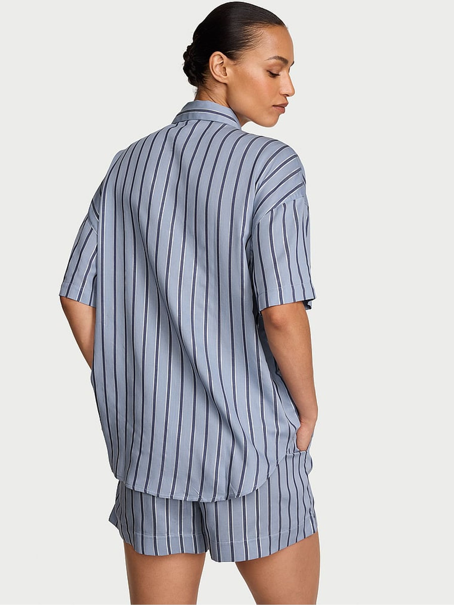 Ink Blue Shimmer Stripe Cotton Modal Short Pyjamas Set - Image 2 of 2