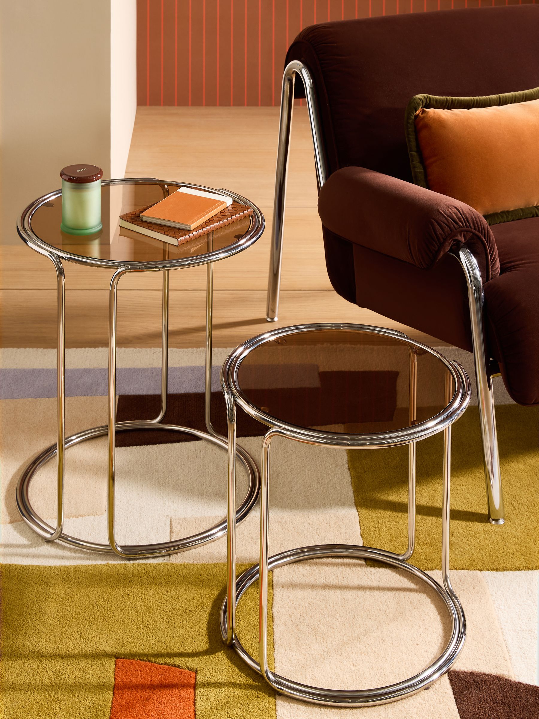 Piper Amber Glass Nest of Table in Chrome - Image 1 of 6