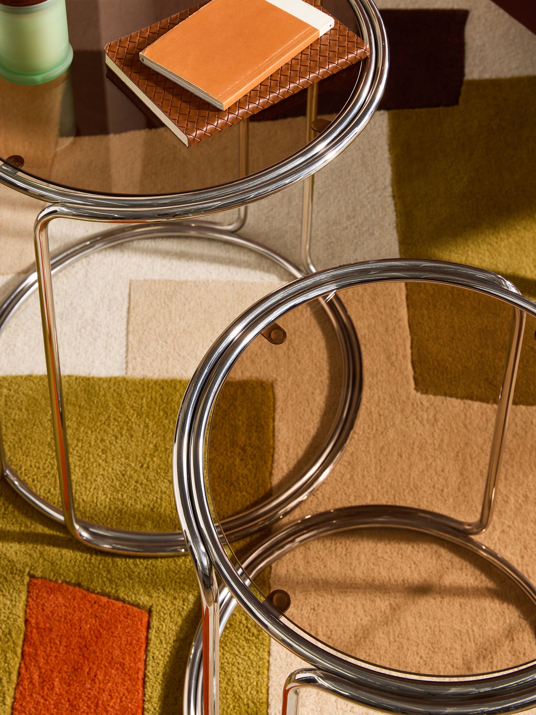 Piper Amber Glass Nest of Table in Chrome - Image 2 of 6 Piper Amber Glass Nest of Table in Chrome - Image 2 of 6