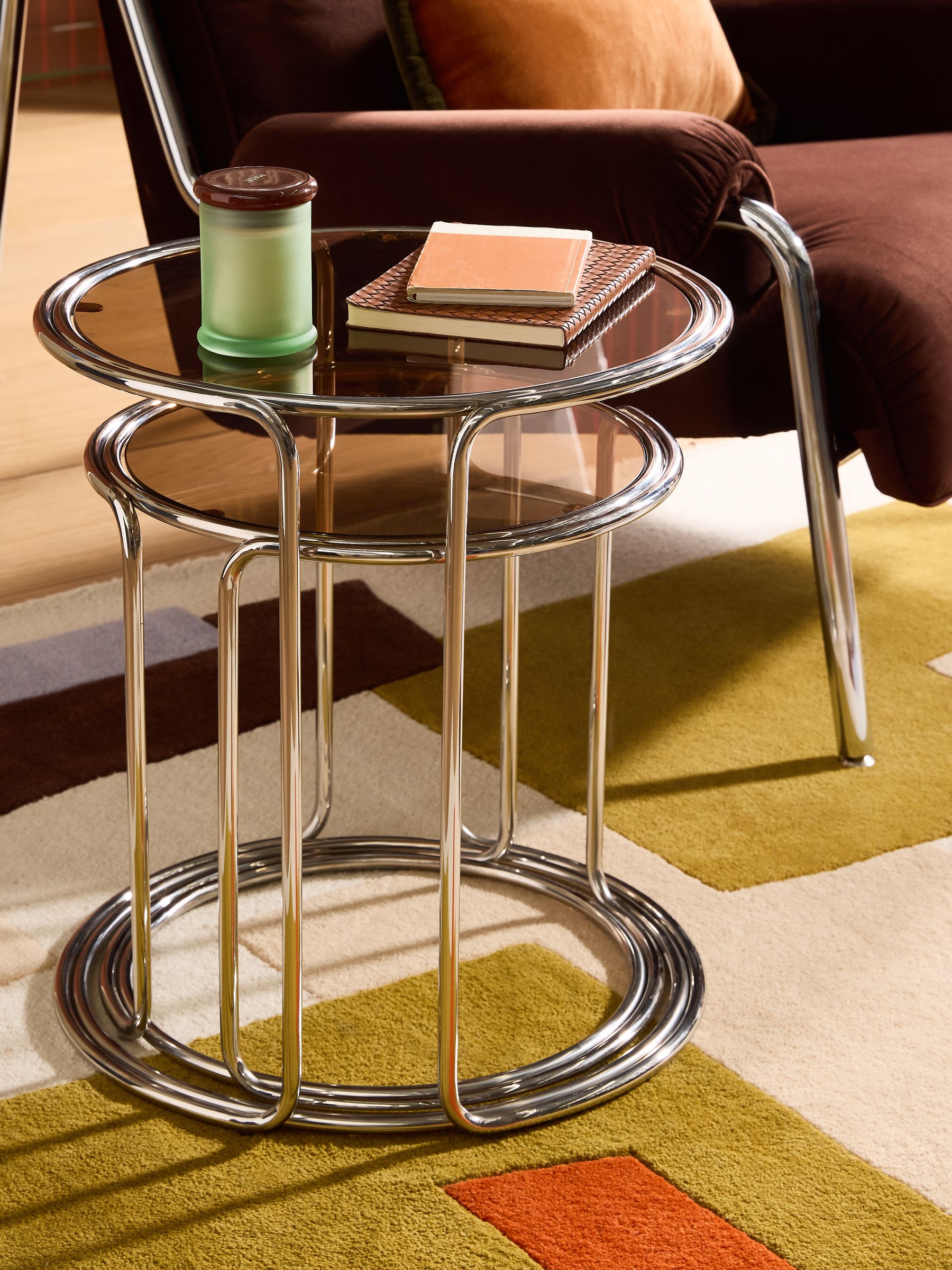 Piper Amber Glass Nest of Table in Chrome - Image 4 of 6