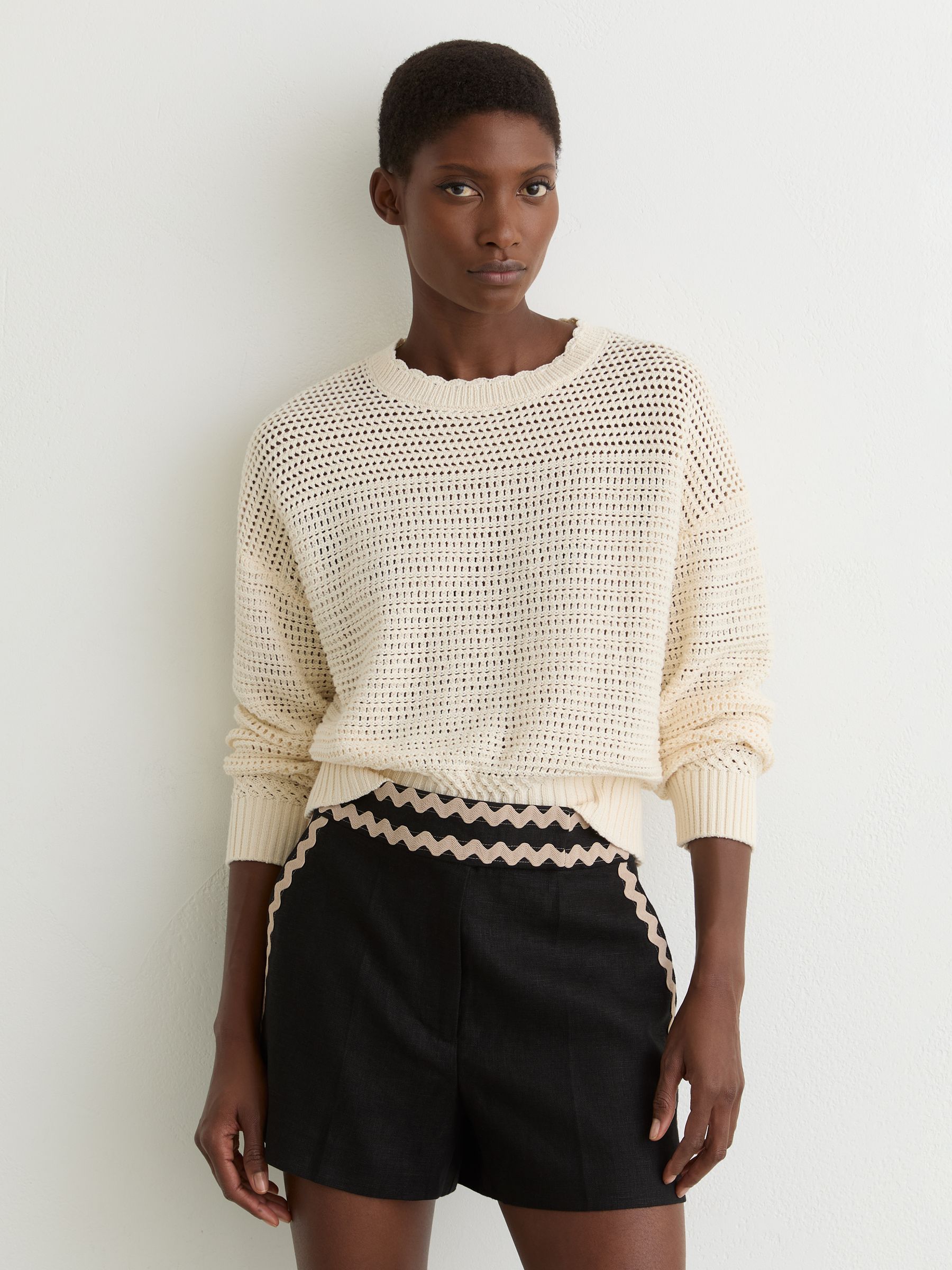 Linen Wave-Trim Shorts in Black - Image 1 of 6