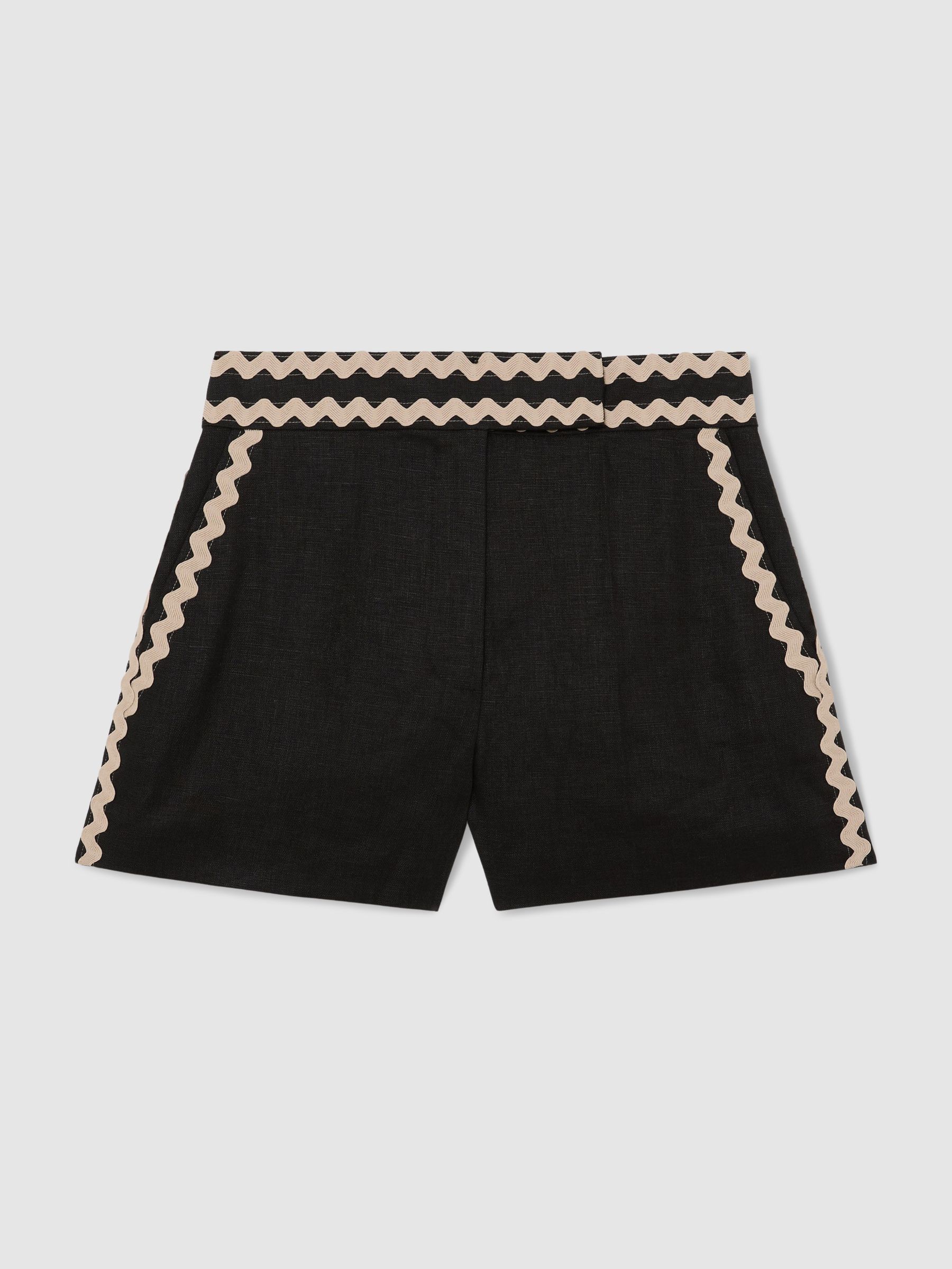 Linen Wave-Trim Shorts in Black - Image 2 of 6