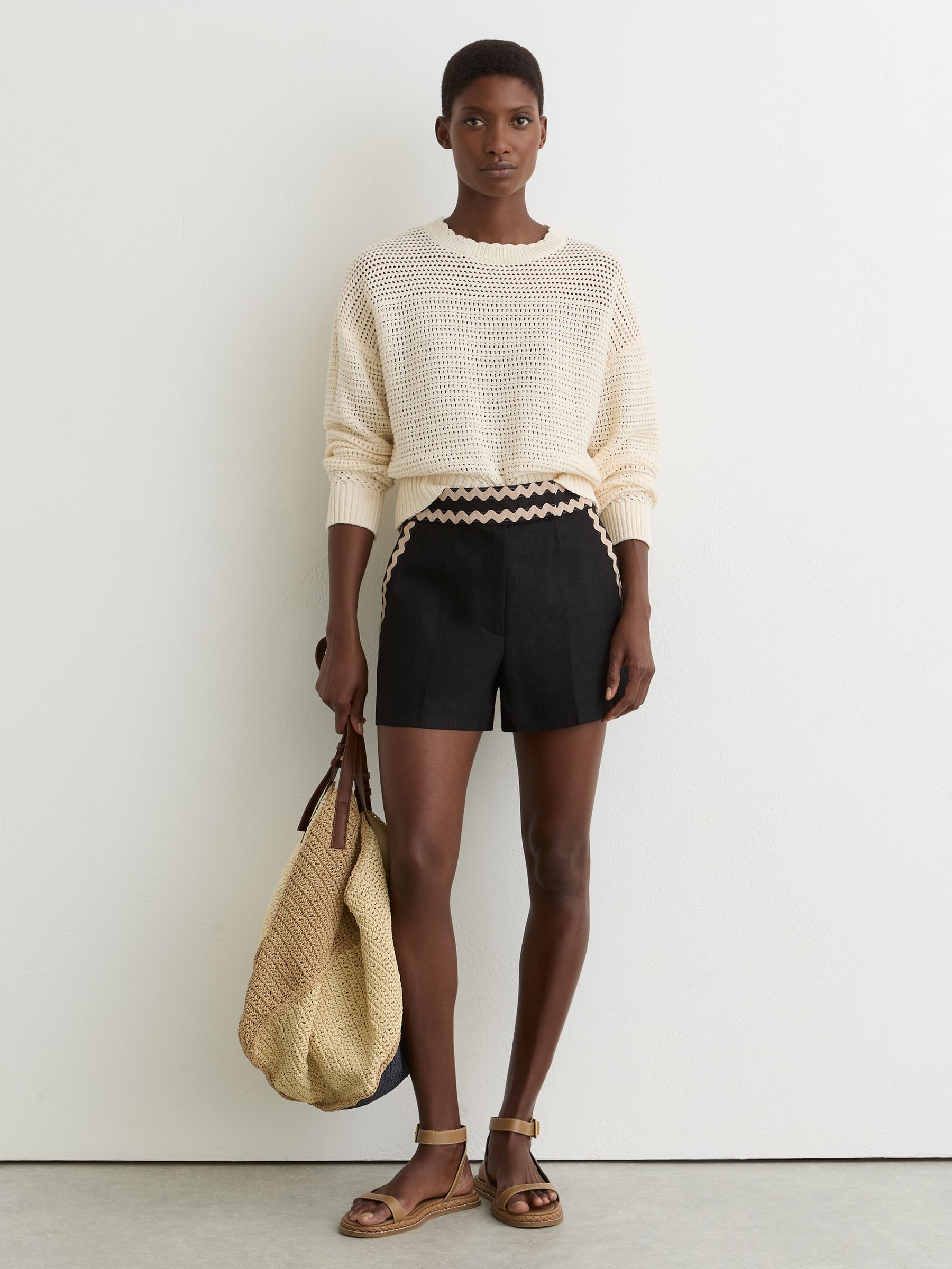 Linen Wave-Trim Shorts in Black - Image 3 of 6