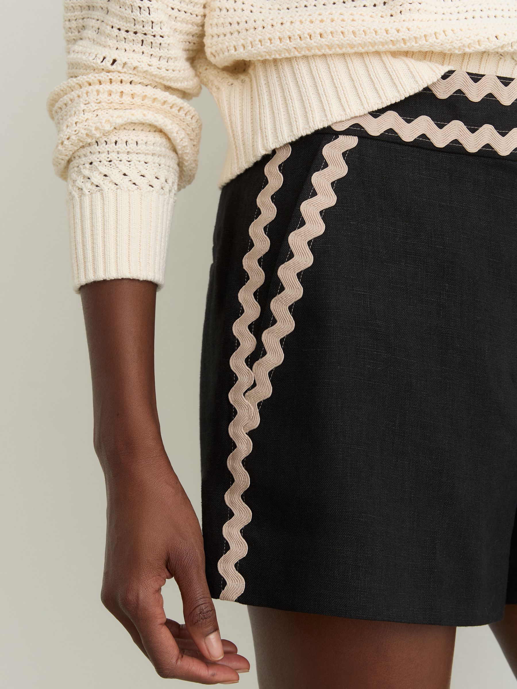 Linen Wave-Trim Shorts in Black - Image 4 of 6