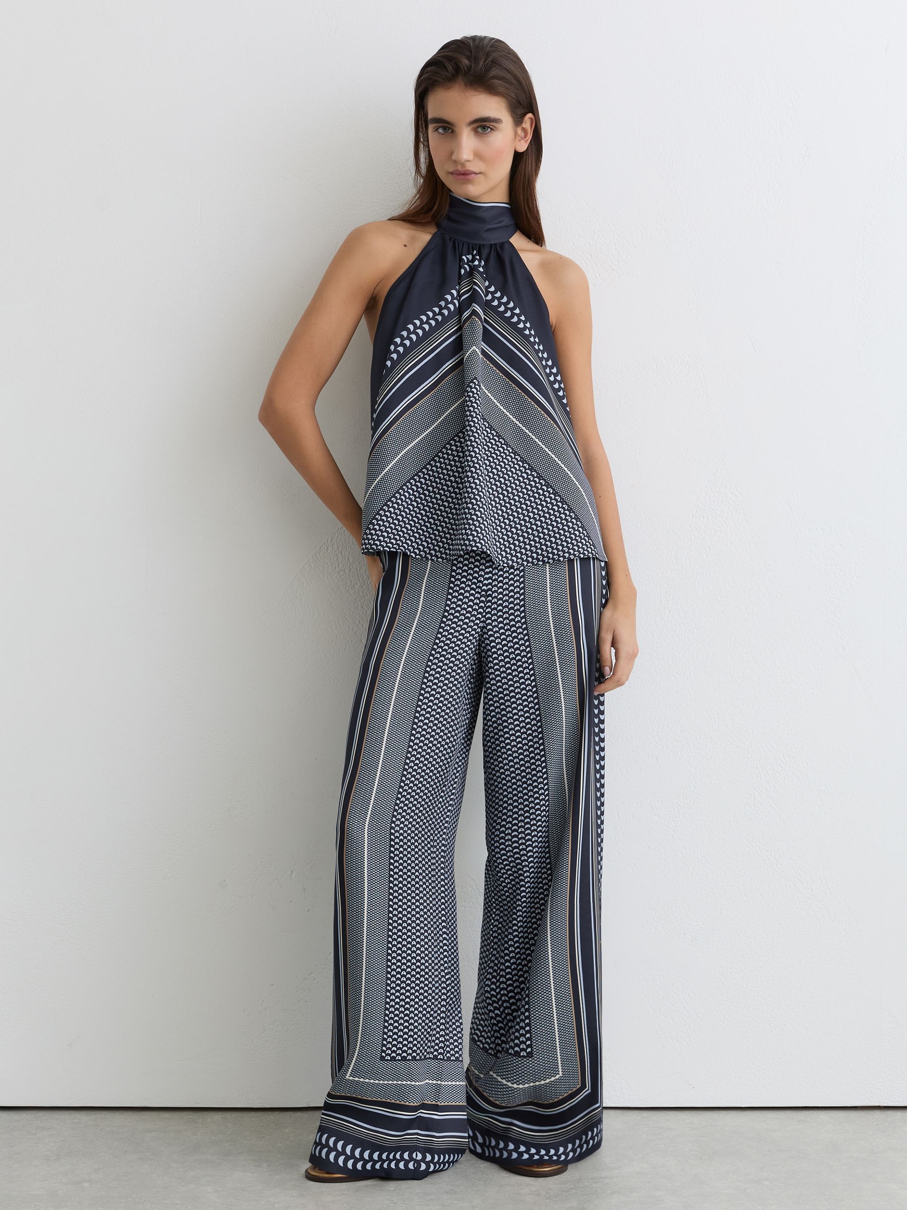 Scarf-Print Wide-Leg Trousers in Navy - Image 1 of 8