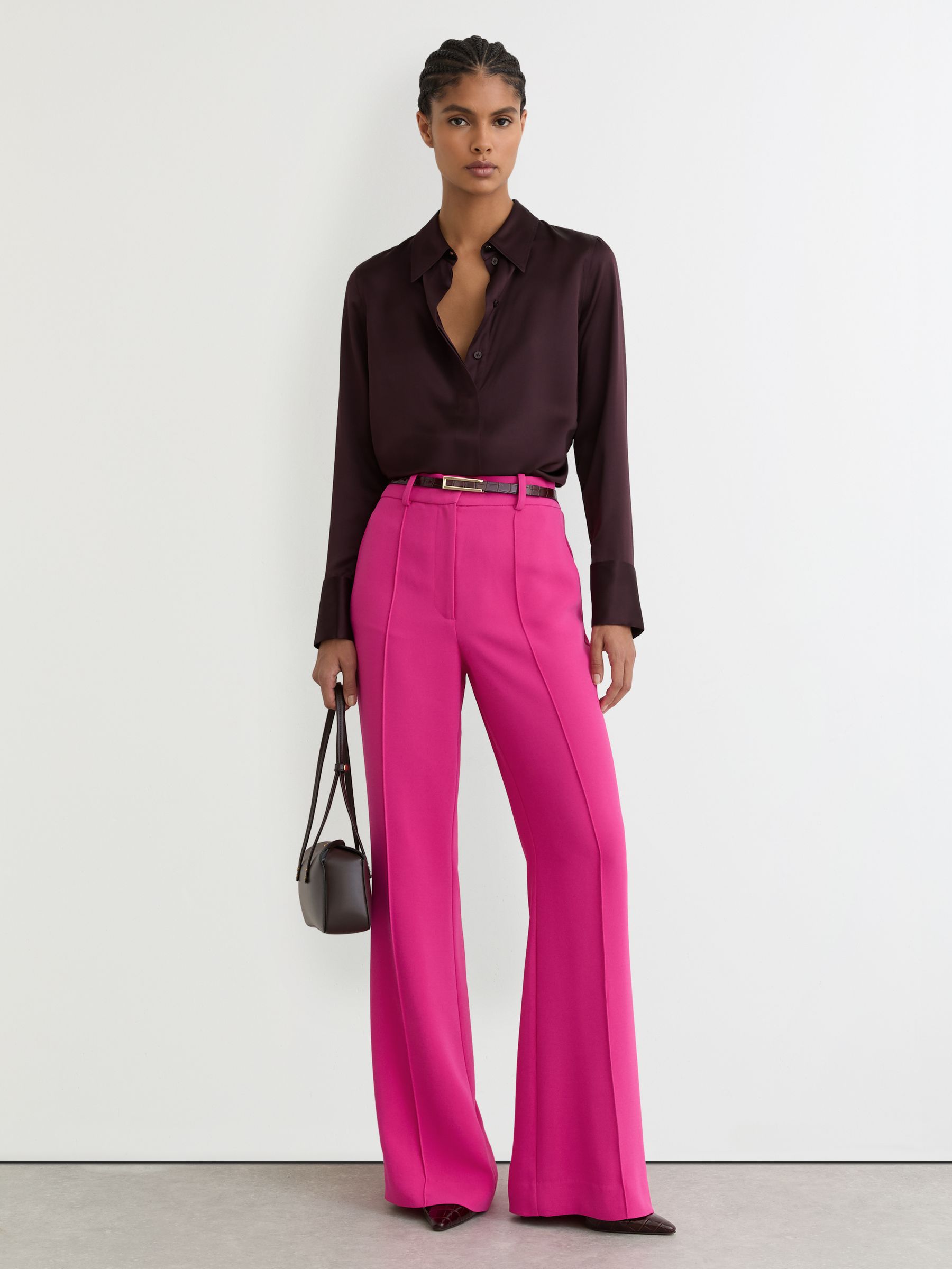 Seam-Detail Flared Trousers in Bright Pink - Image 1 of 7